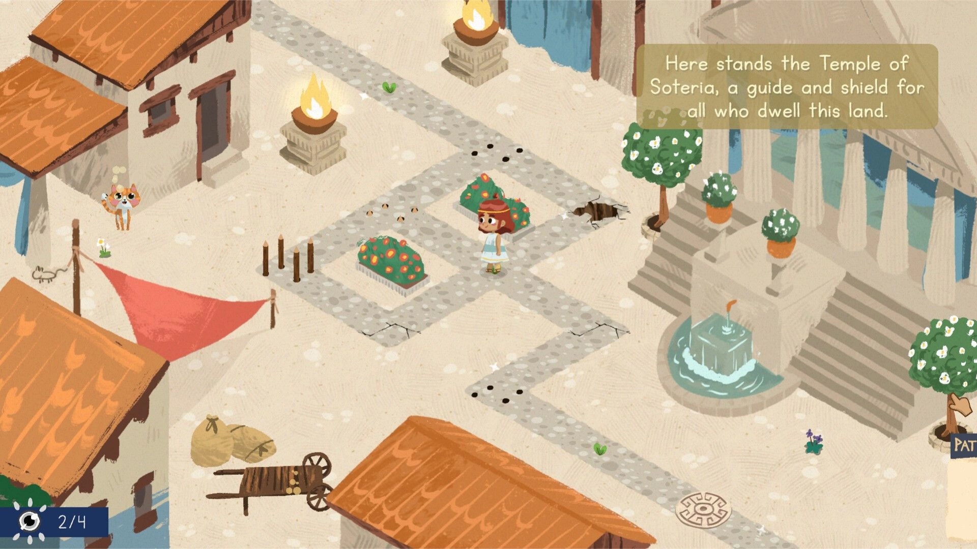 Sophia's Path: Sophia explores temple courtyard with dialogue box, fountain, torches and village paths.