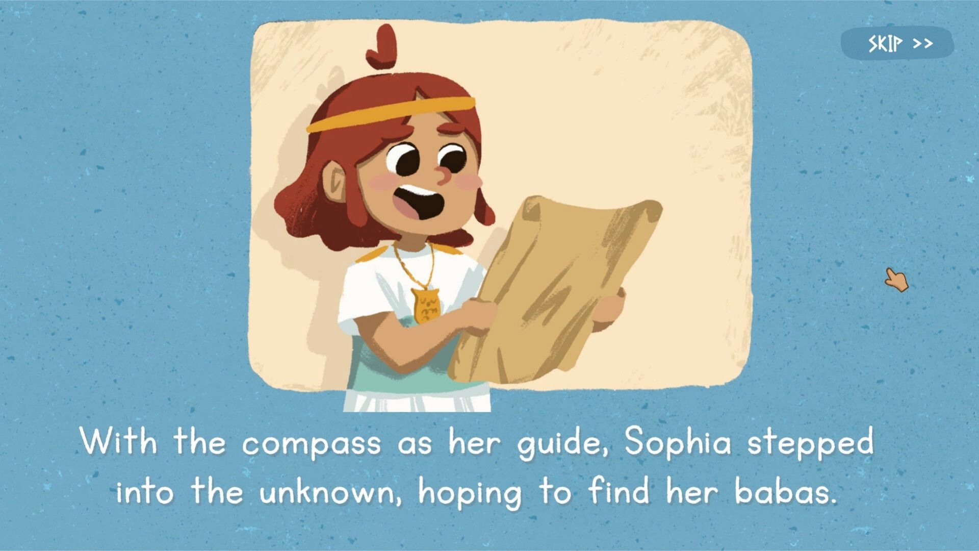 Sophia's Path: Sophia reads a parchment map in storybook cutscene with Skip button on blue backdrop.