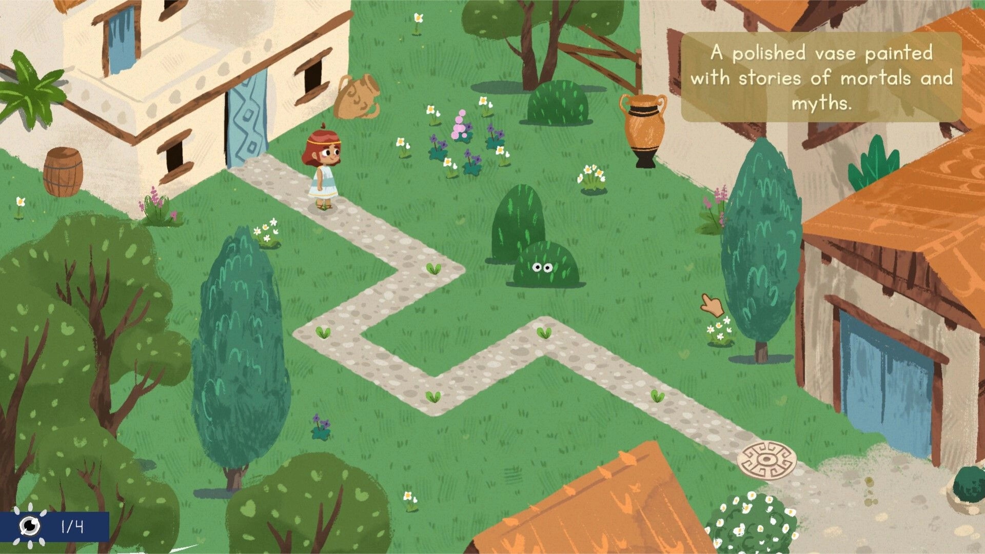 Sophia's Path: Sophia walks a winding path as a tooltip describes a painted vase in a village yard.