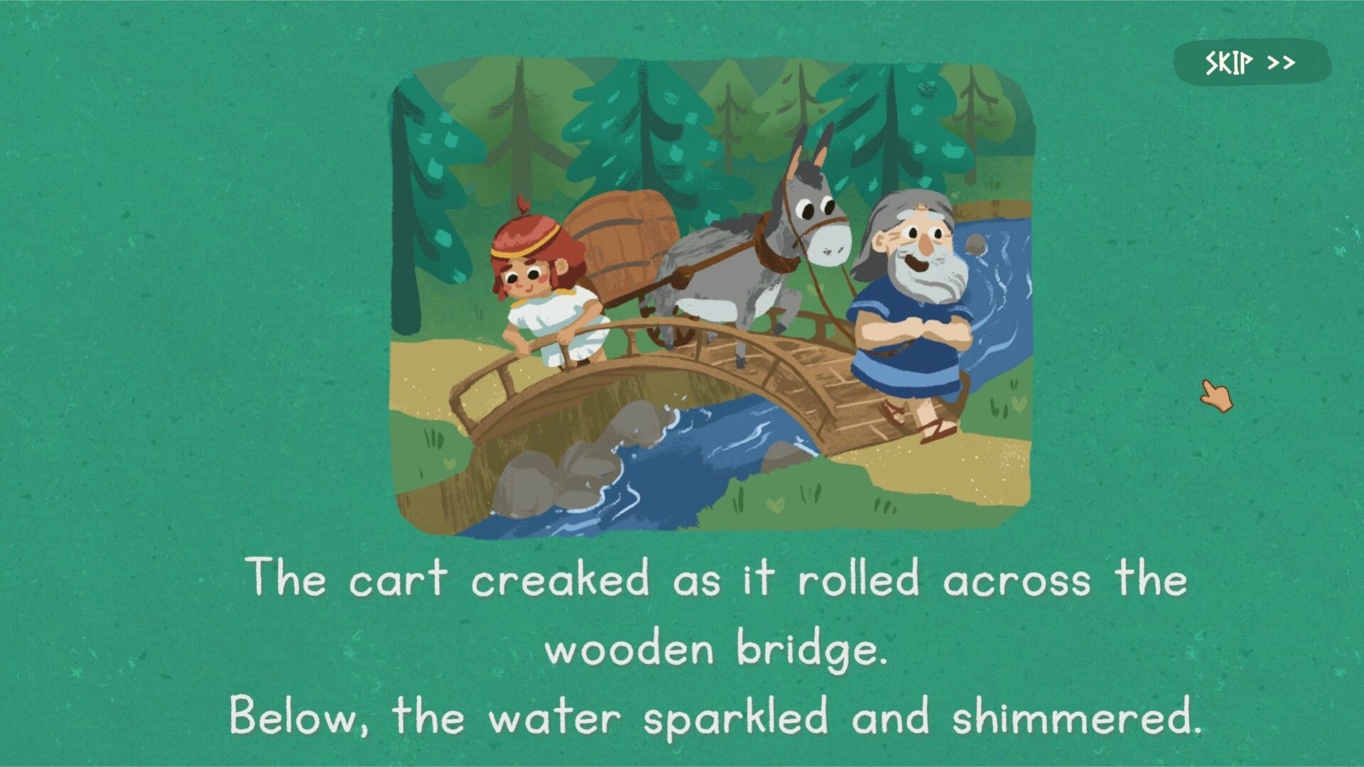 Sophia's Path: Story scene of cart and donkey crossing a wooden bridge over a forest stream.