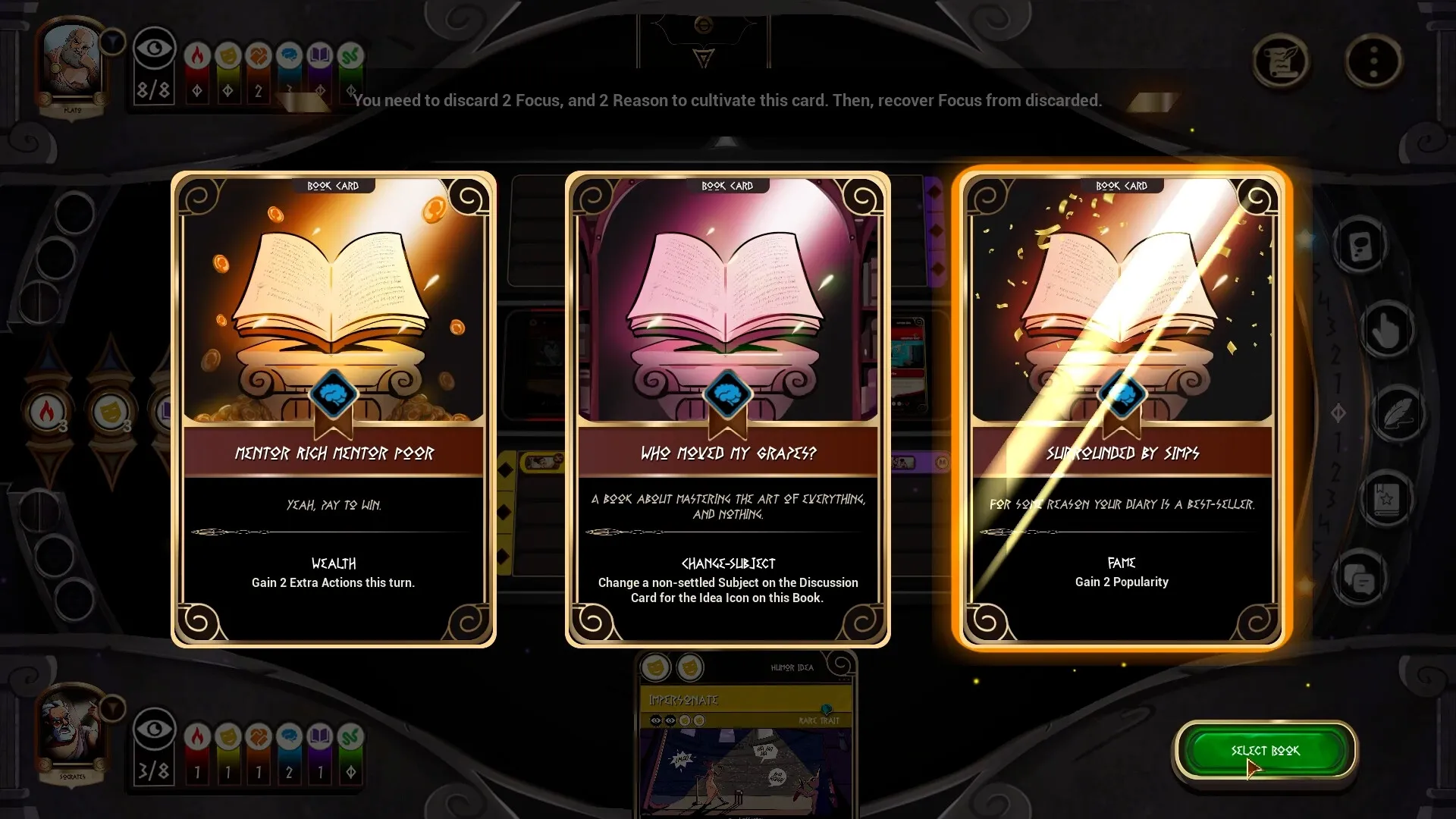 Sophistry: Book card selection with three options, including "Mentor Rich Mentor Poor" and stats display.