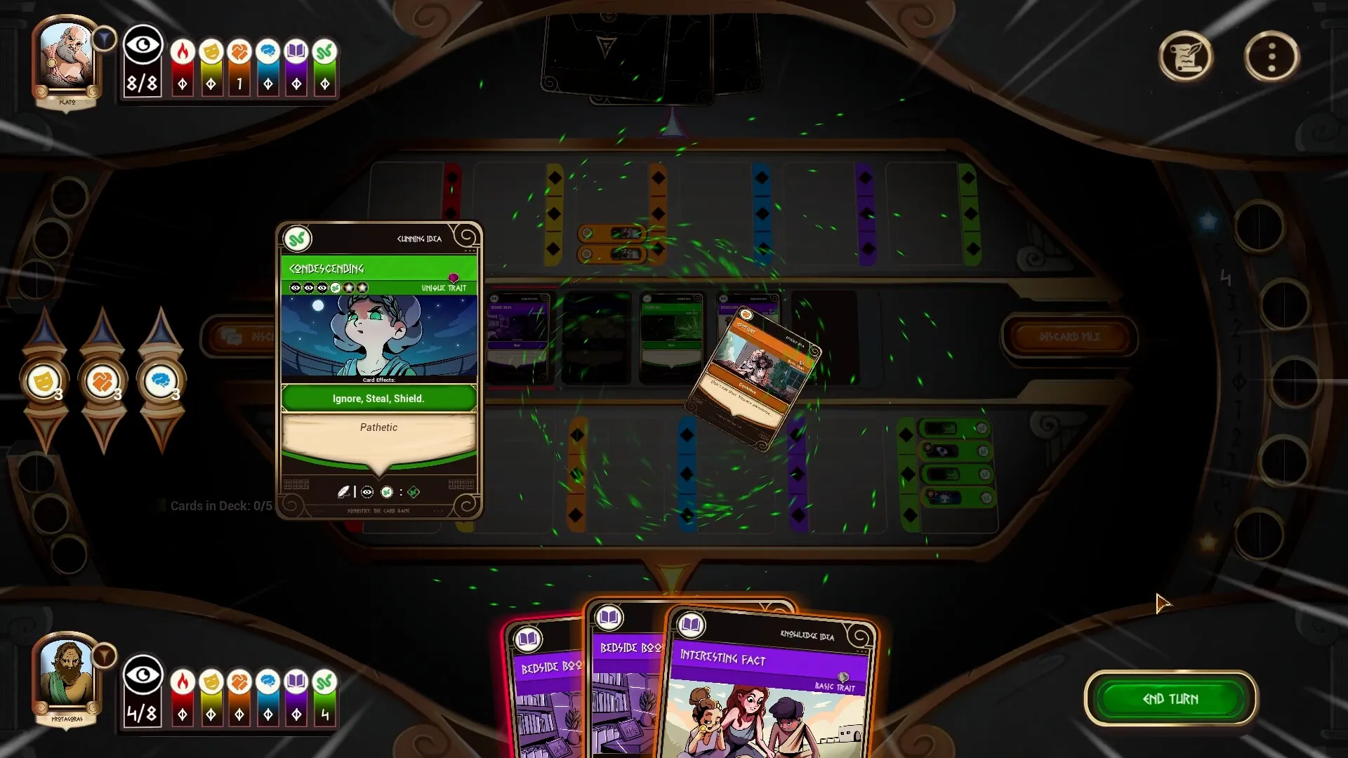 Sophistry: Card battle interface with philosophers Plato and Pythagoras, showing active traits and cards