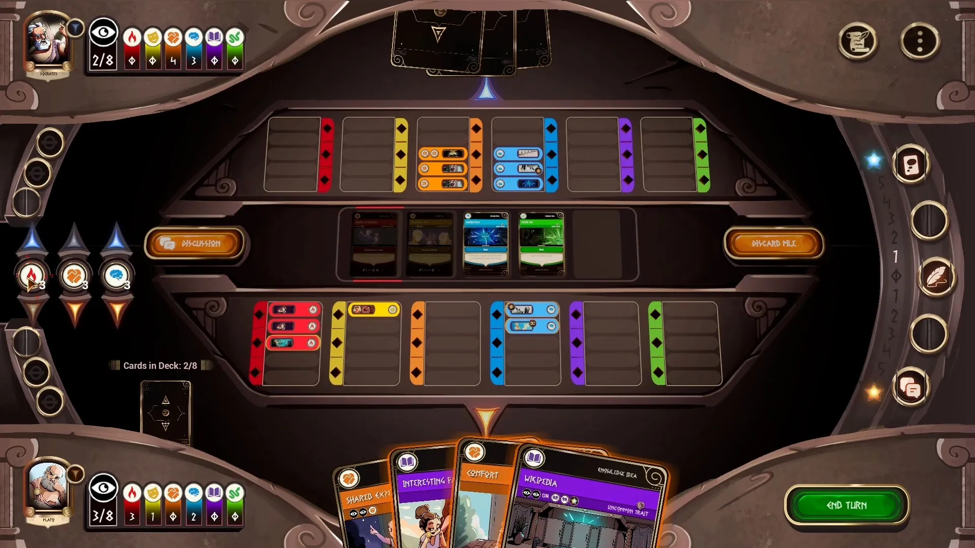 Sophistry: Card management interface with philosopher stats and discussion button in strategic play area.