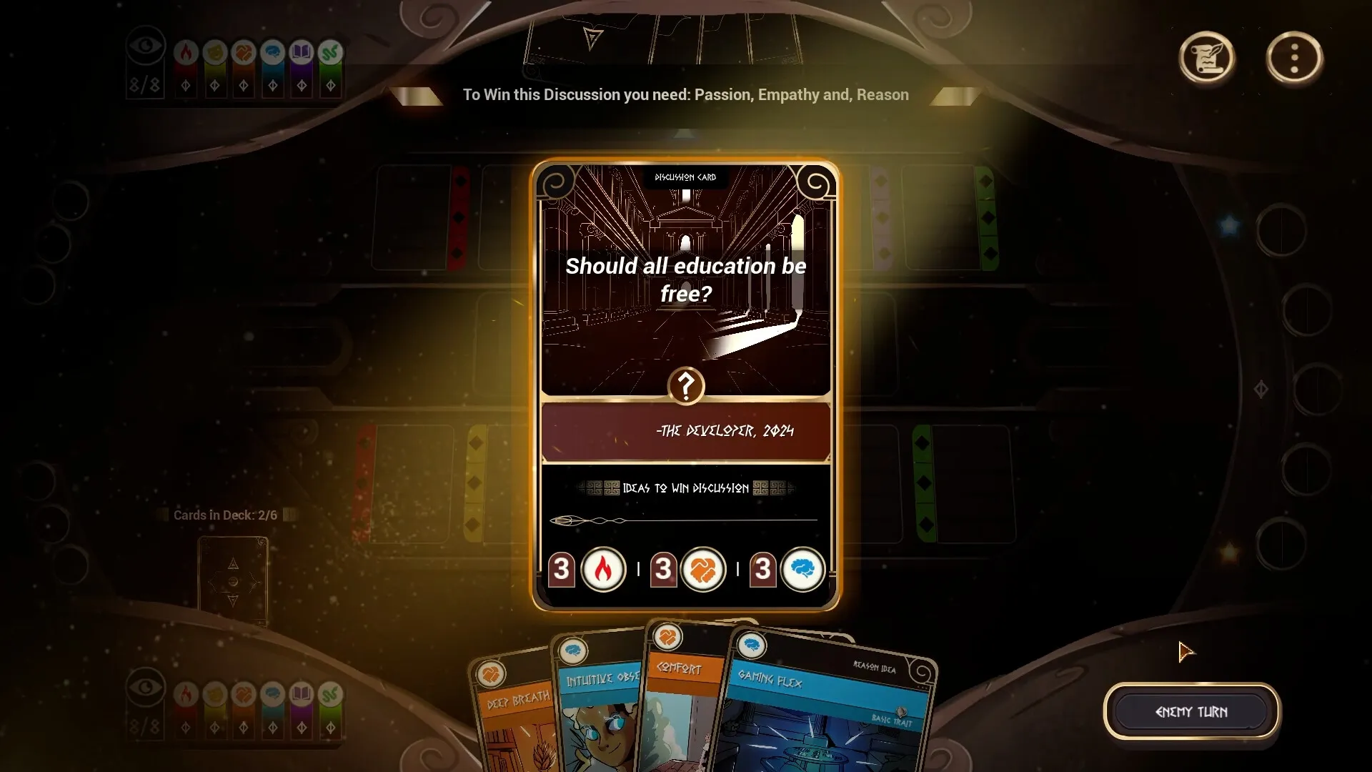 Sophistry: Discussion card "Should all education be free?" with deck cards below in dark interface