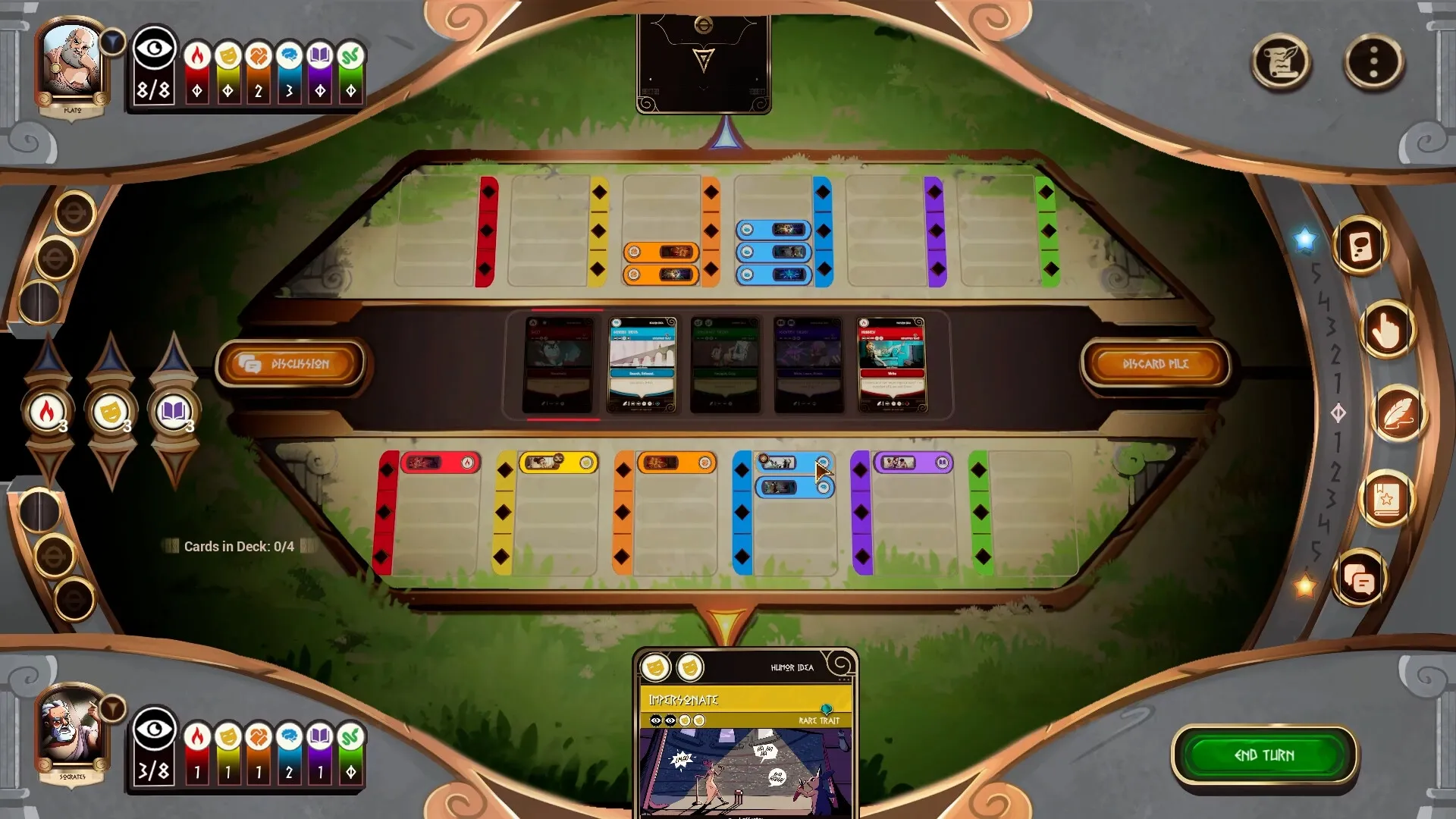 Sophistry: Card deck interface with various colored slots and action buttons in a strategic layout