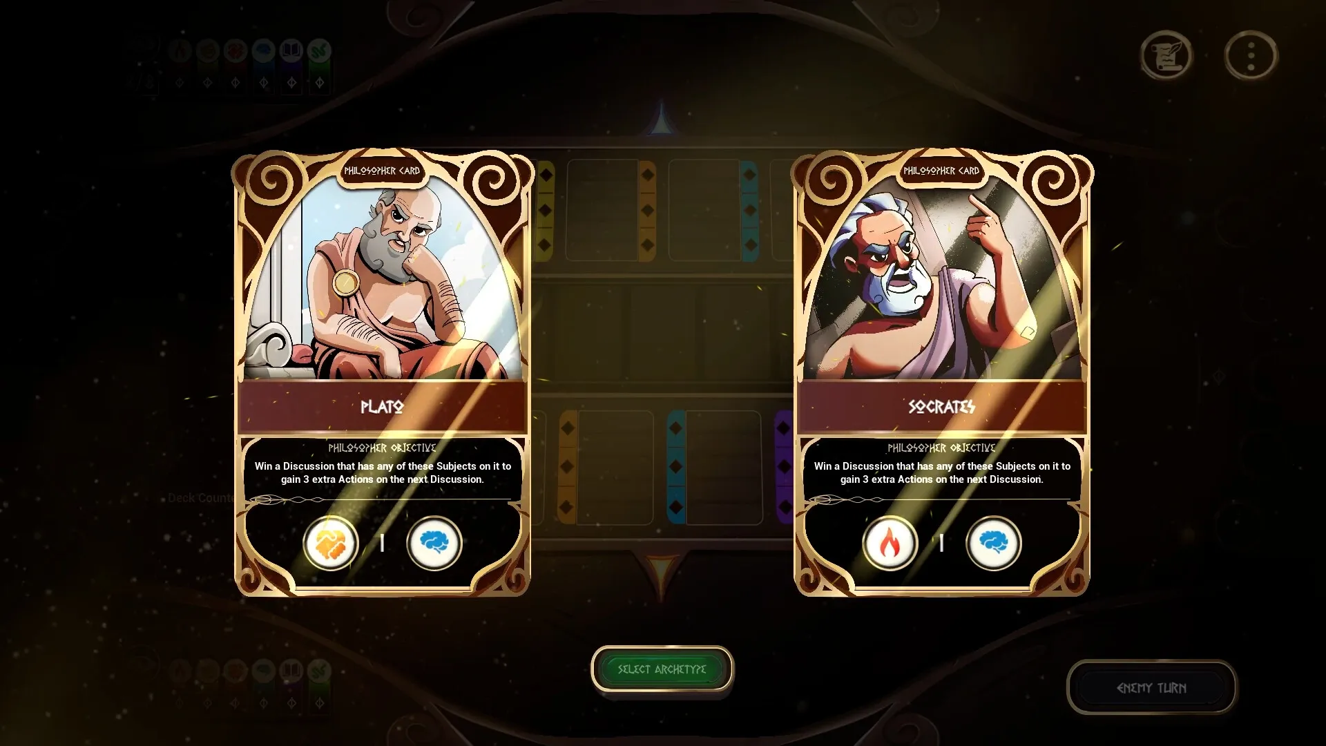 Sophistry: Card selection screen featuring Plato and Socrates with their unique objectives and symbols