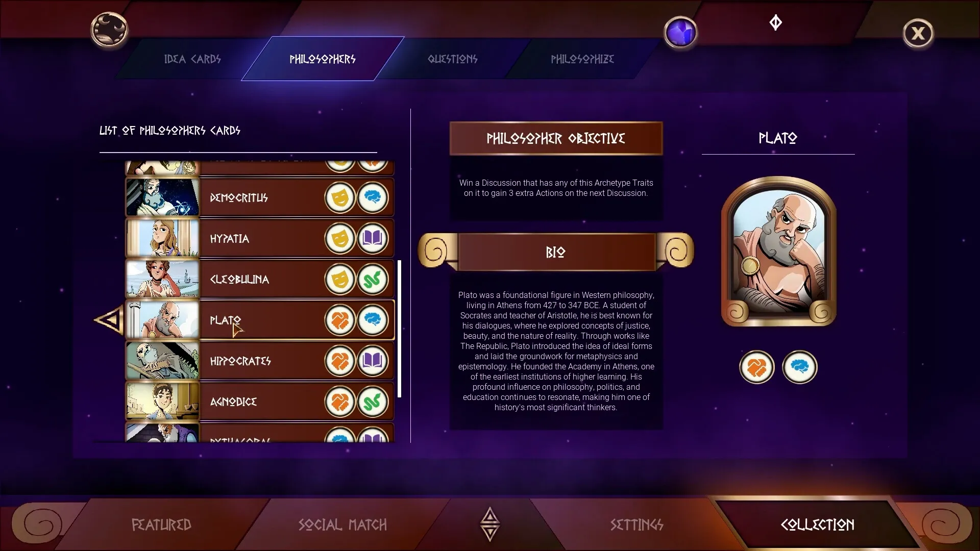Sophistry: Philosopher selection screen with Plato's card and biography details displayed