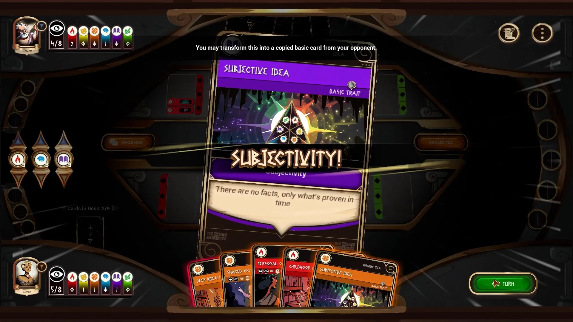 Sophistry: Card game interface showing "Subjectivity" card with deck and player stats in dark setting