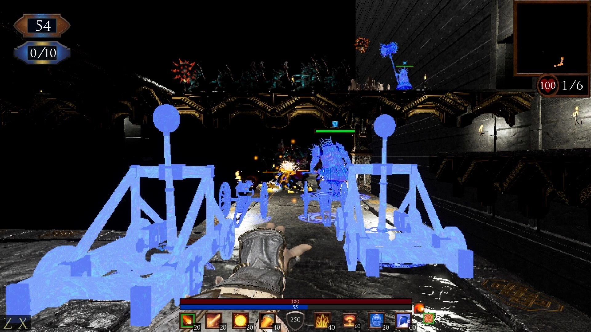 Sorrow Be The Night: Player aims magic at enemies from behind catapults in a dark castle corridor.