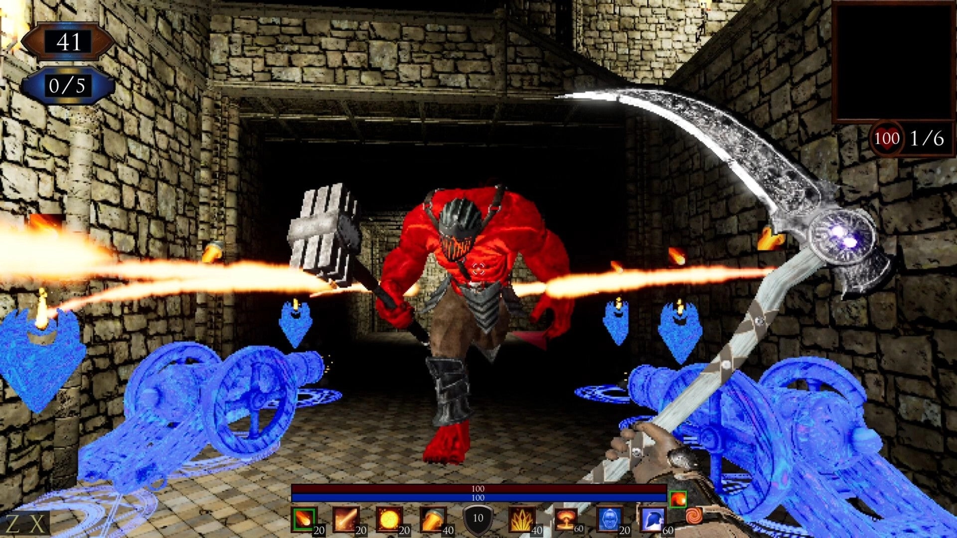 Sorrow Be The Night: Player battles giant red monster with magic cannons in a stone corridor dungeon
