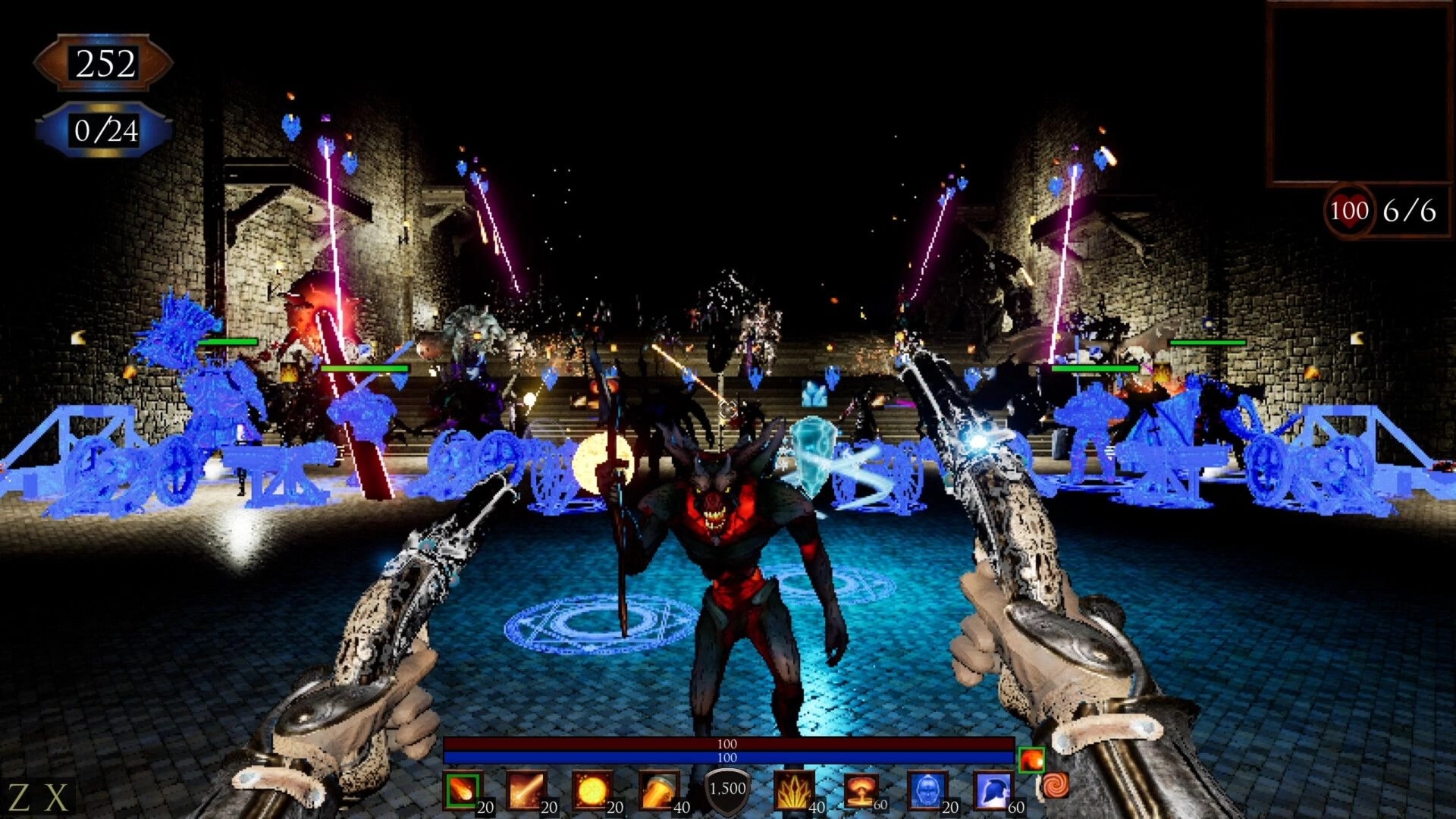 Sorrow Be The Night: Dual-wielding pistols against demons in a dark castle courtyard with health bars visible.