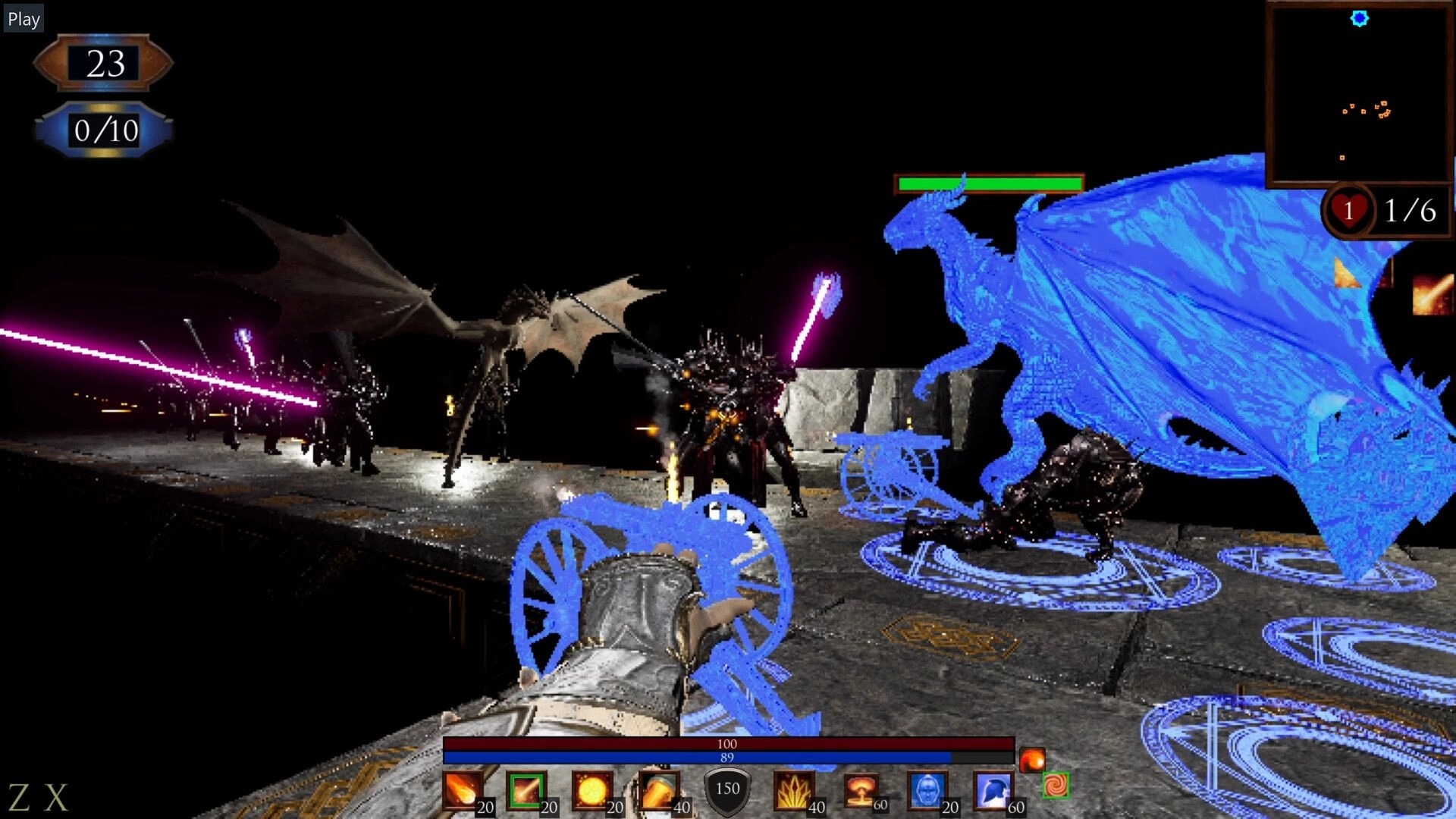 Sorrow Be The Night: Summoning blue dragon and cannons to defend against enemies on stone platform