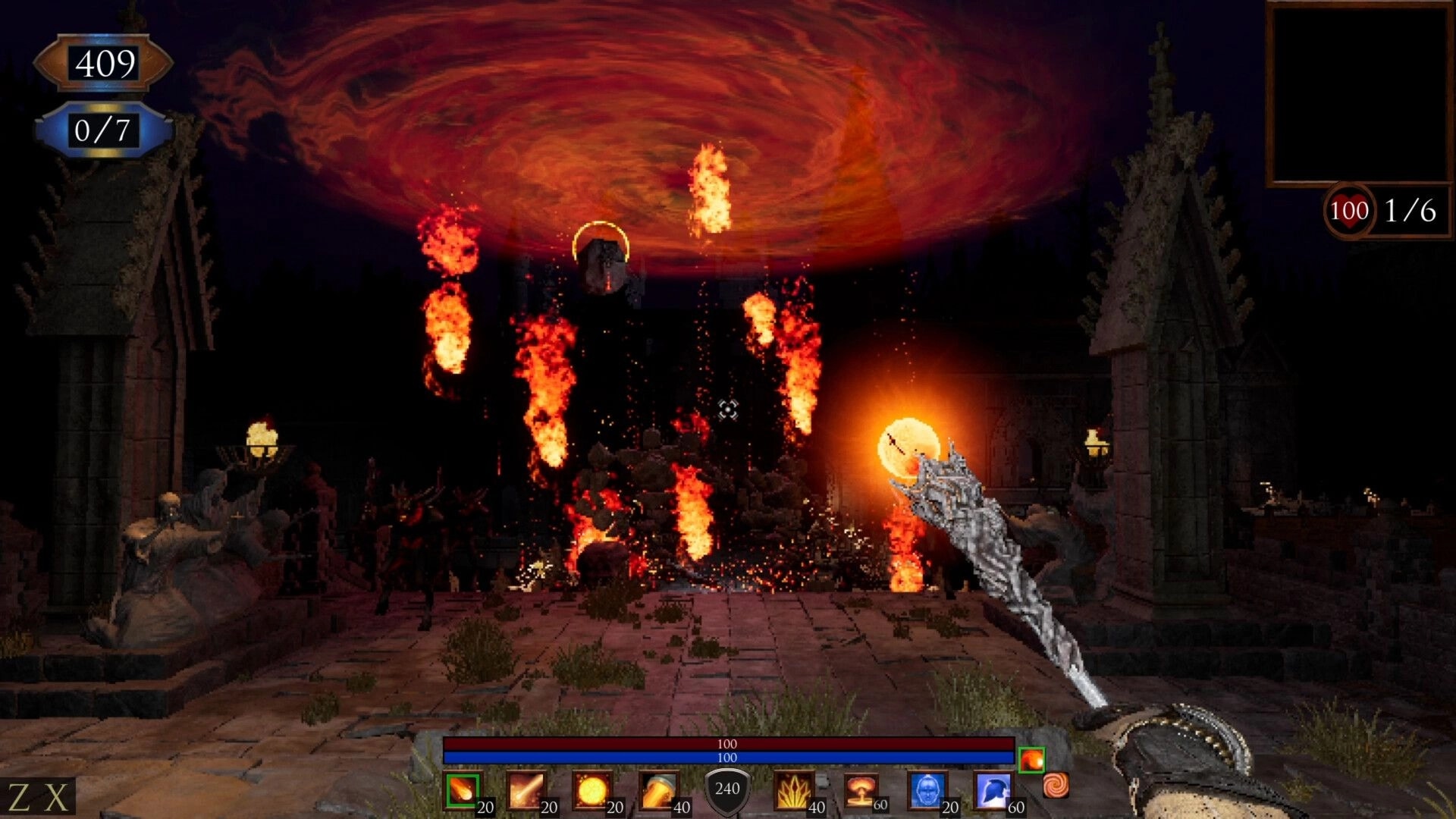 Sorrow Be The Night: Player casting fiery magic in ancient ruins with health and mana bars visible.