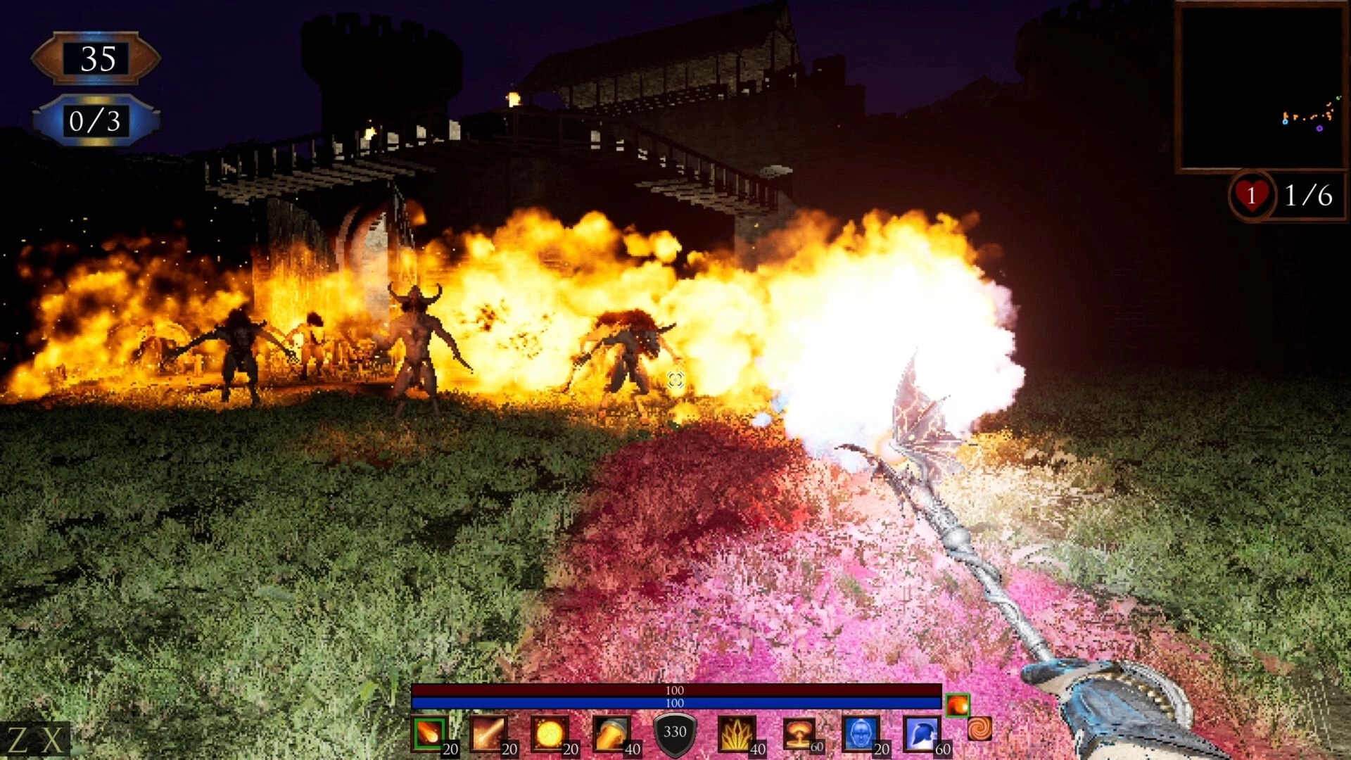 Sorrow Be The Night: Player wields magic staff against fiery demonic foes near a crumbling castle.