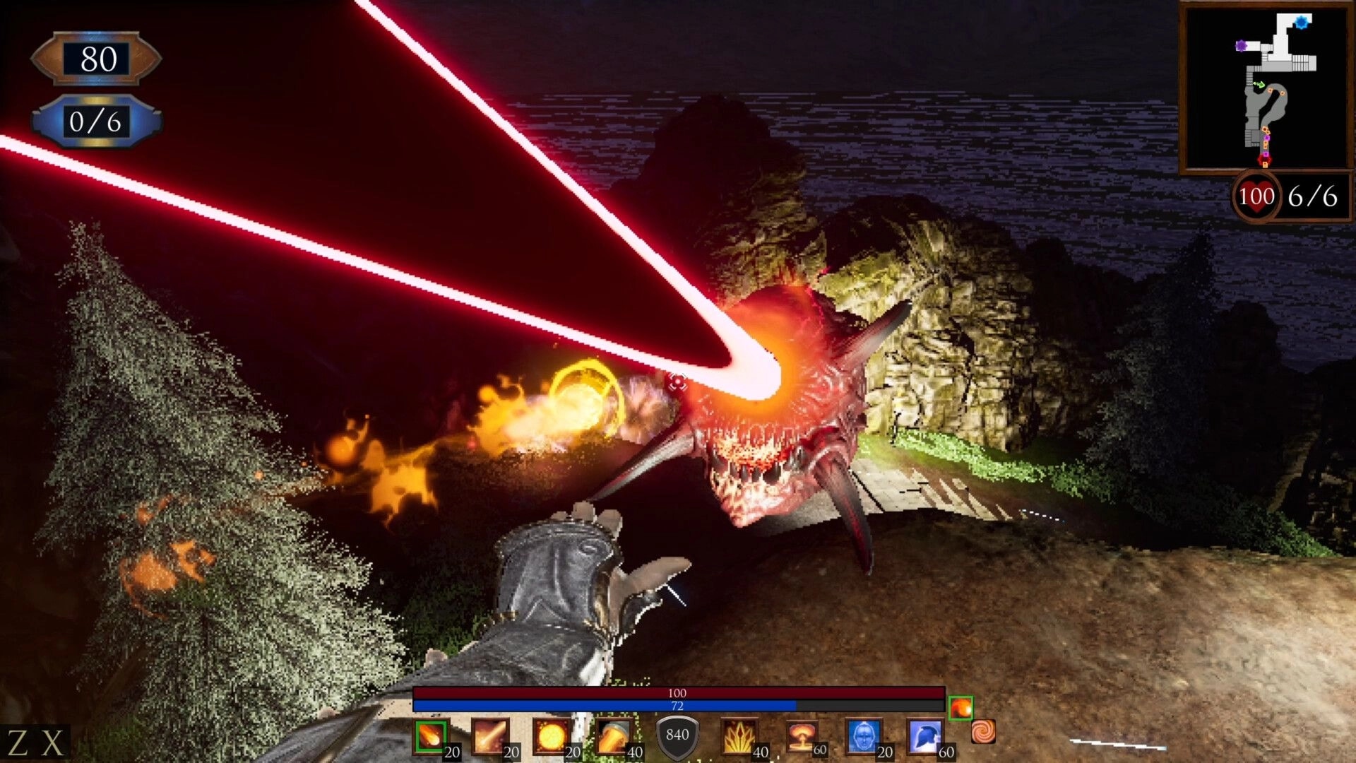 Sorrow Be The Night: Player casting magic at a horned beast in a rocky landscape at night.
