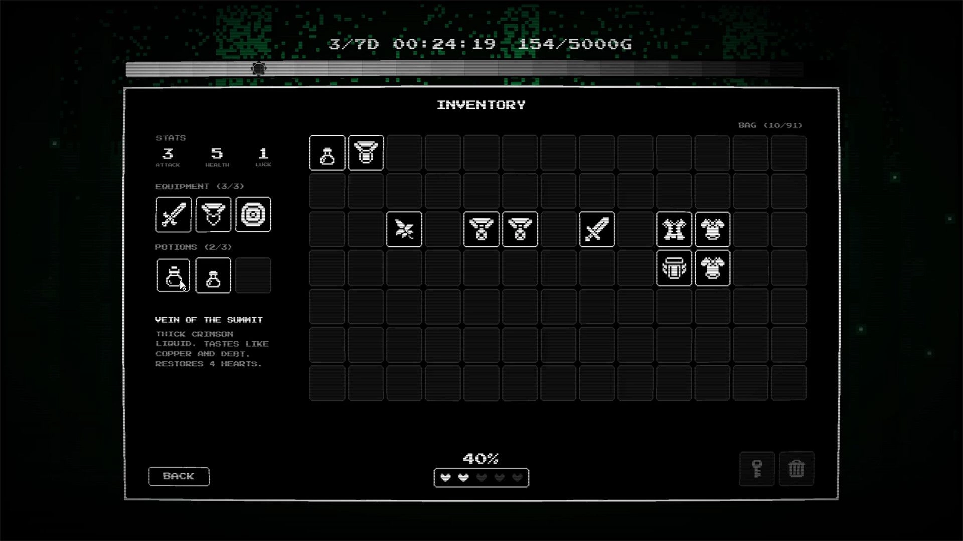 Sorry, My King: Inventory grid with sword, armor and potions, stats panel over dark pixel map background.