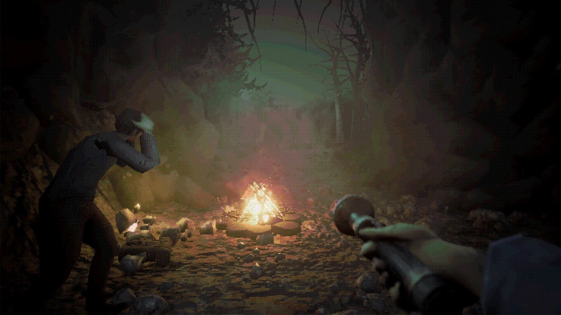 SOS Incident: Player holding a flashlight in a dark forest with a campfire and a frightened man.