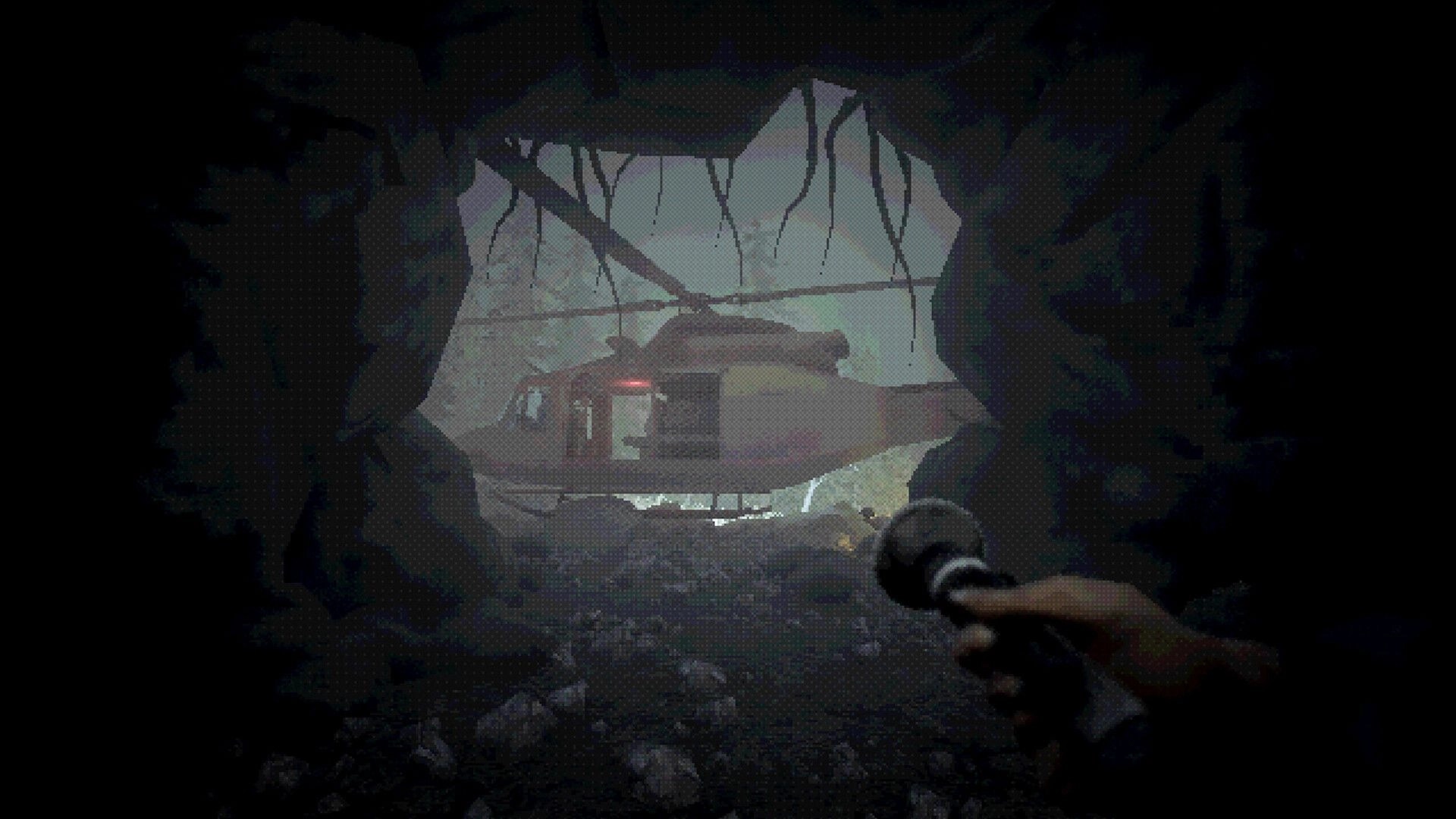 SOS Incident: Player holding flashlight approaches helicopter in dark cave entrance