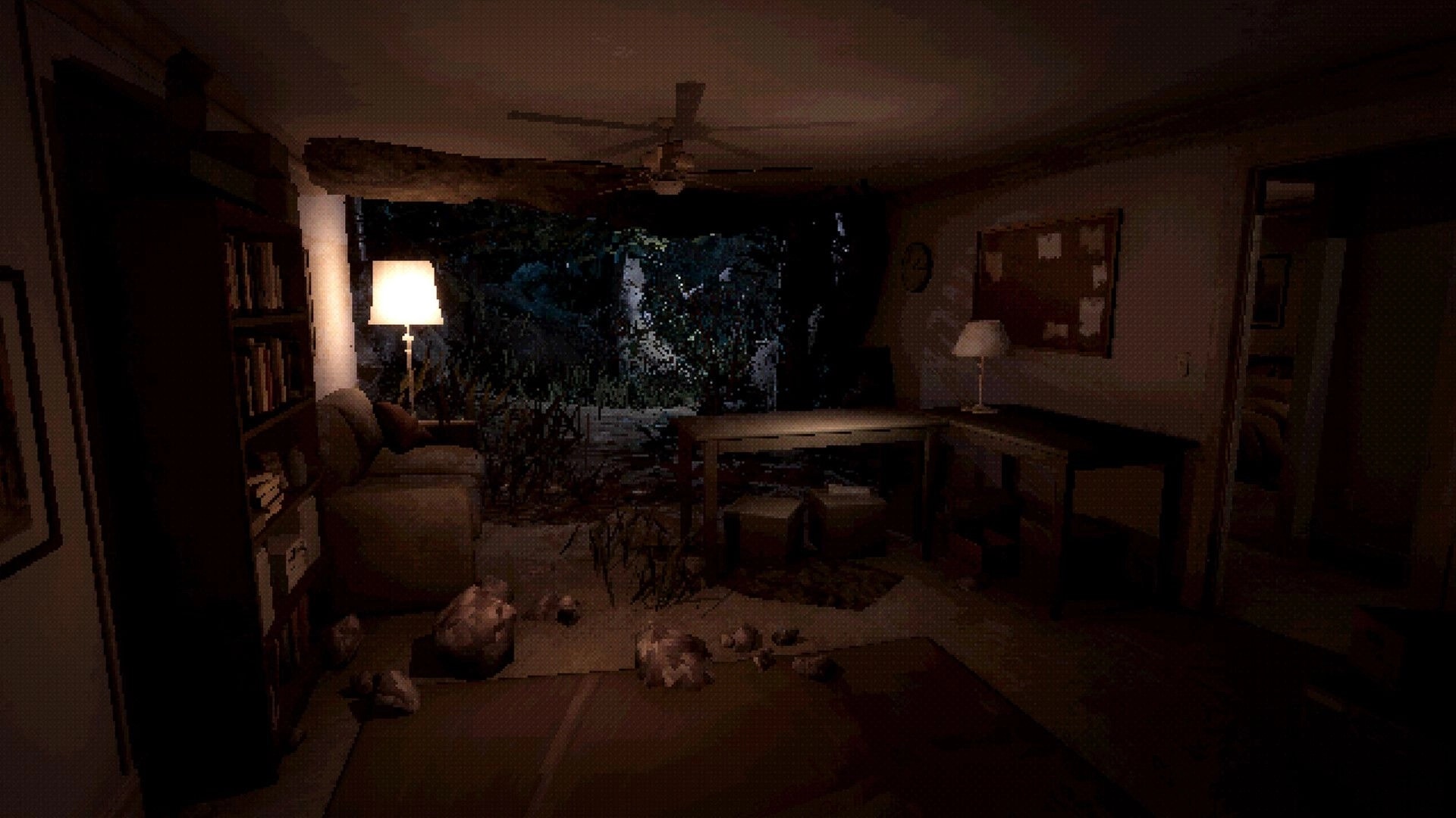 SOS Incident: Dimly lit living room with open door to a forest, scattered objects on floor.