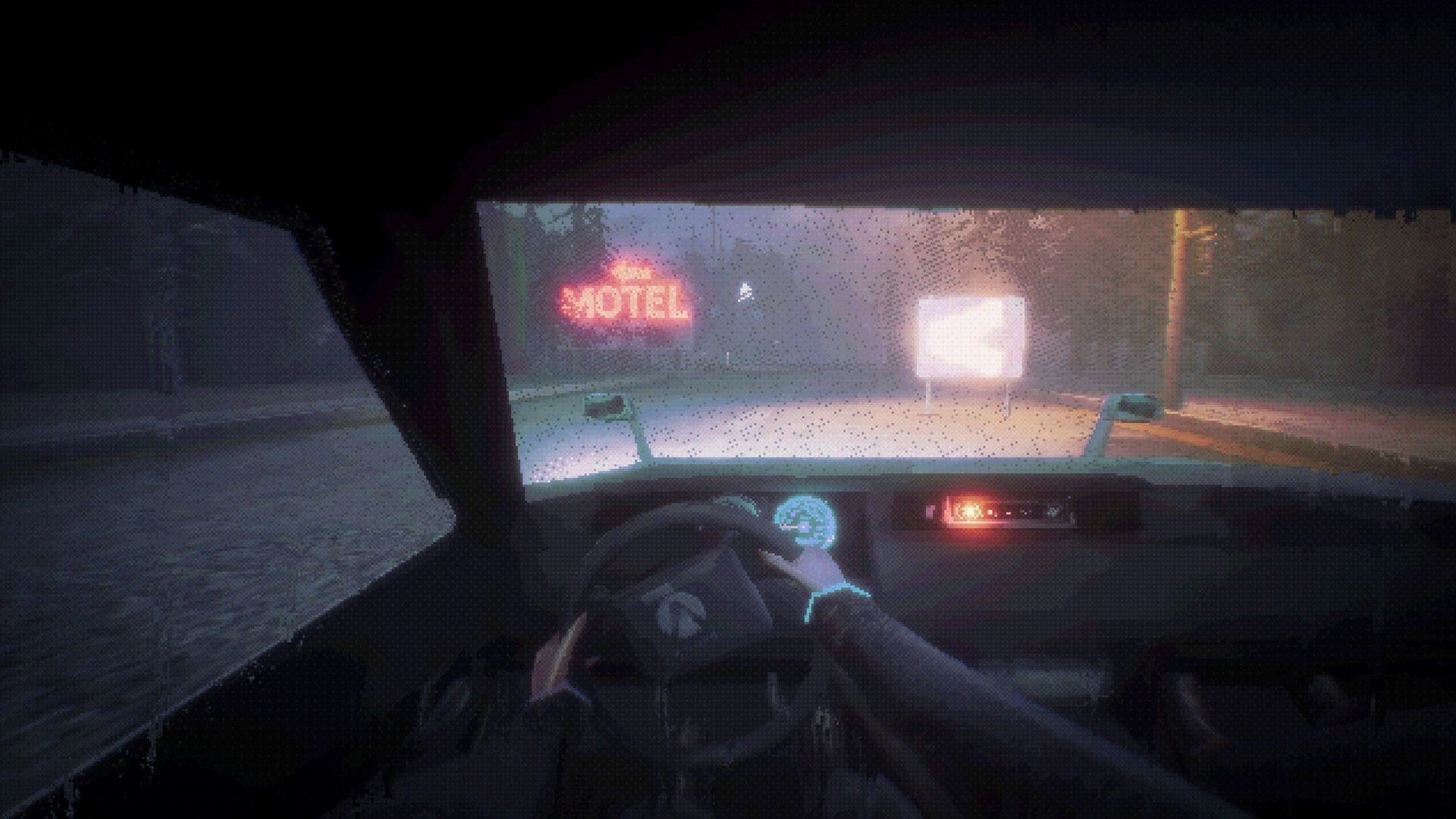 SOS Incident: Driving towards a neon-lit motel through a rainy, dimly lit forest road at night.