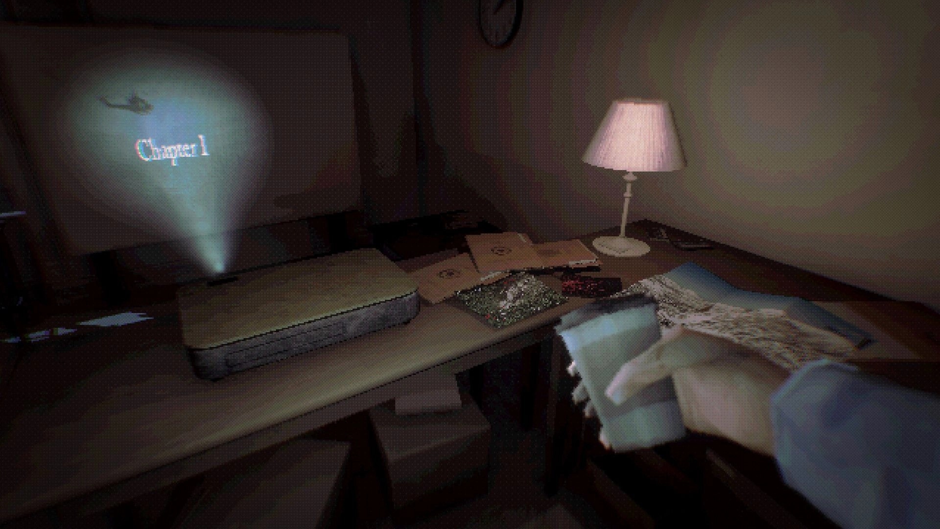 SOS Incident: Dimly lit room with projector displaying "Chapter 1" and documents scattered on a table.