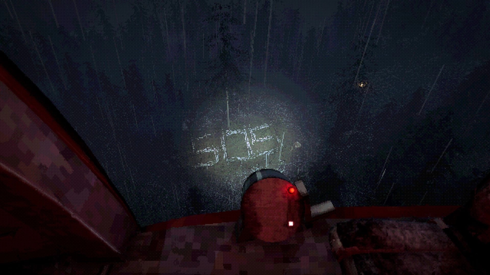SOS Incident: Helicopter searchlight reveals SOS signal on forest floor in dark, rainy night setting.