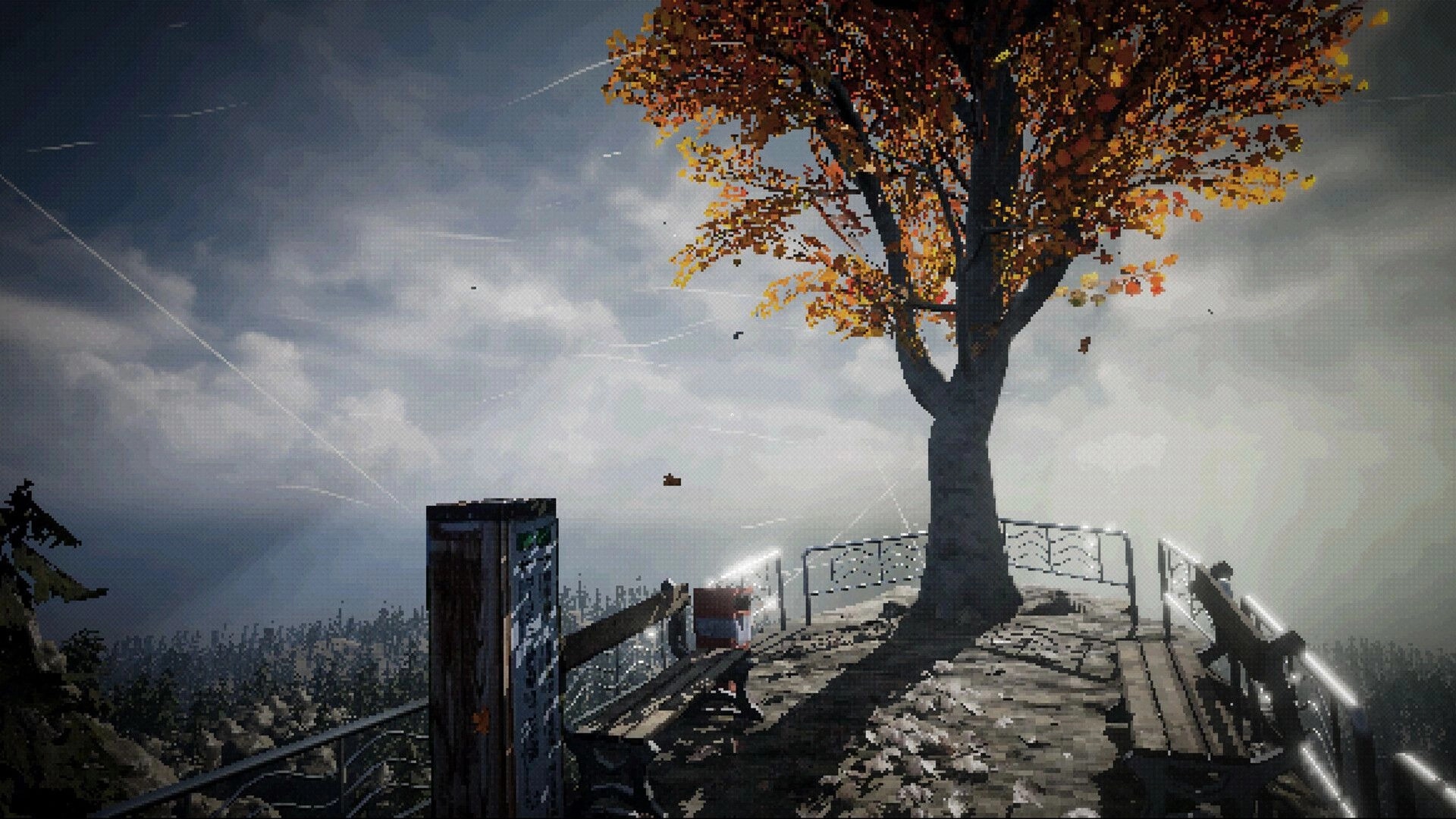 SOS Incident: Scenic overlook with autumn tree, bench, and distant forest under a cloudy sky