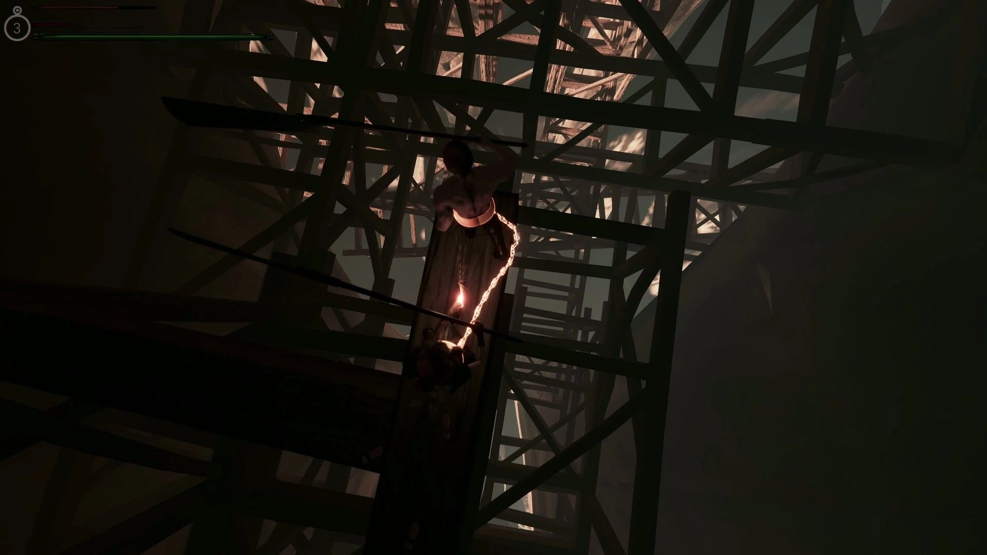 Soul Chained: Two characters crossing a narrow beam in a dimly lit, industrial scaffold environment