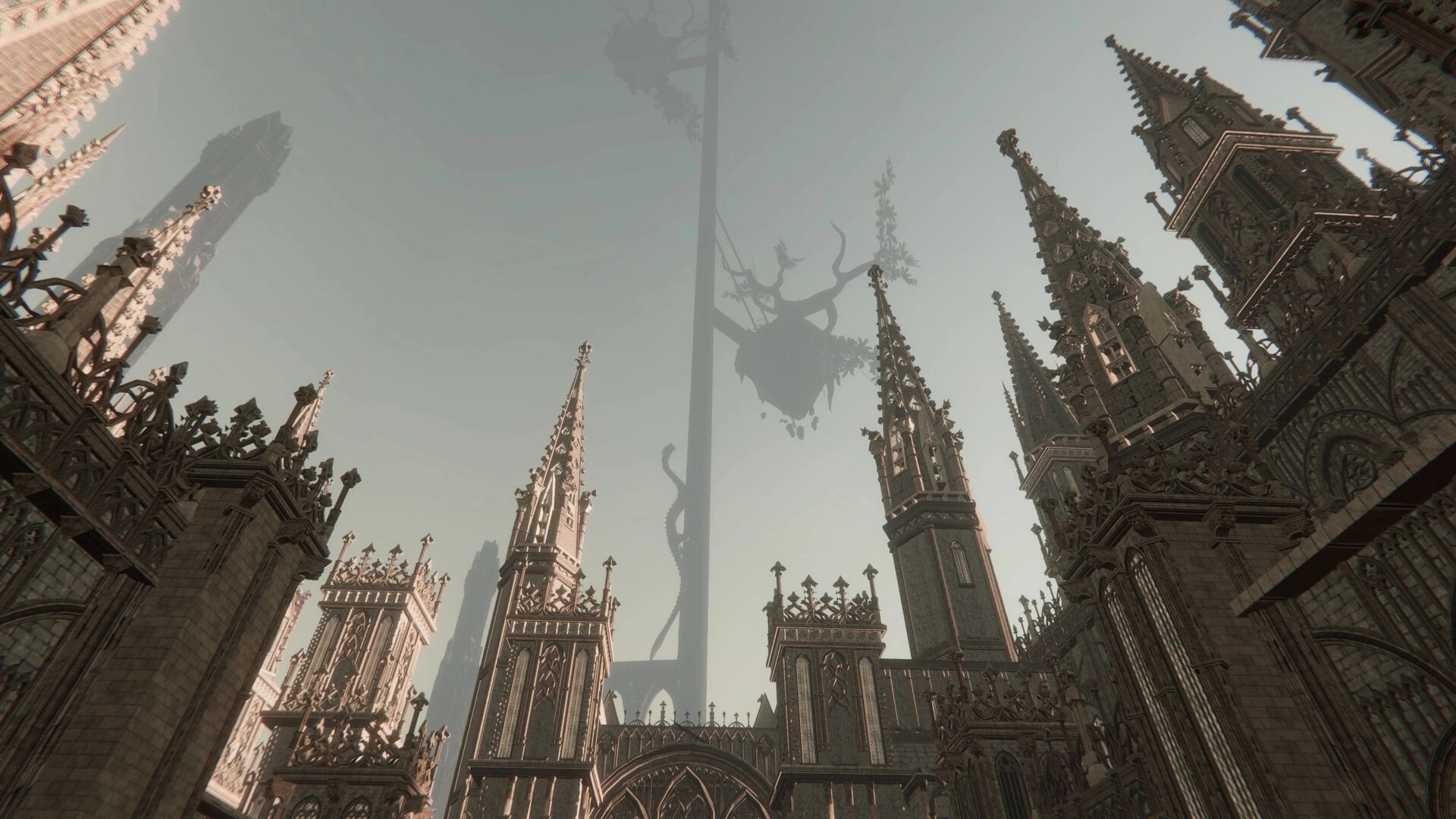 Soul Chained: Gothic cathedral towers rise under a foggy sky with mysterious floating islands above.