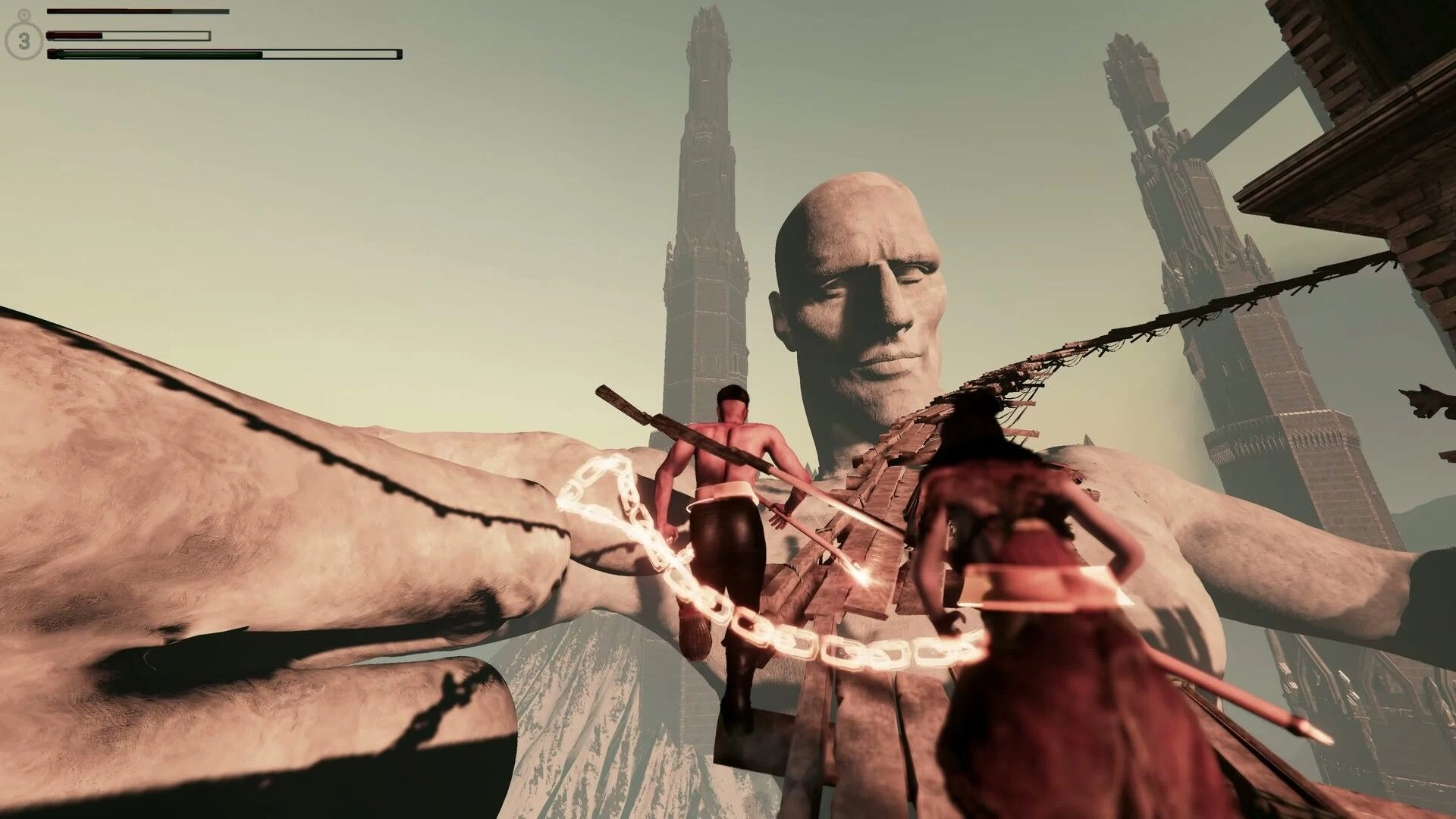 Soul Chained: Two players traverse giant statue's arm with glowing chain in a desolate landscape