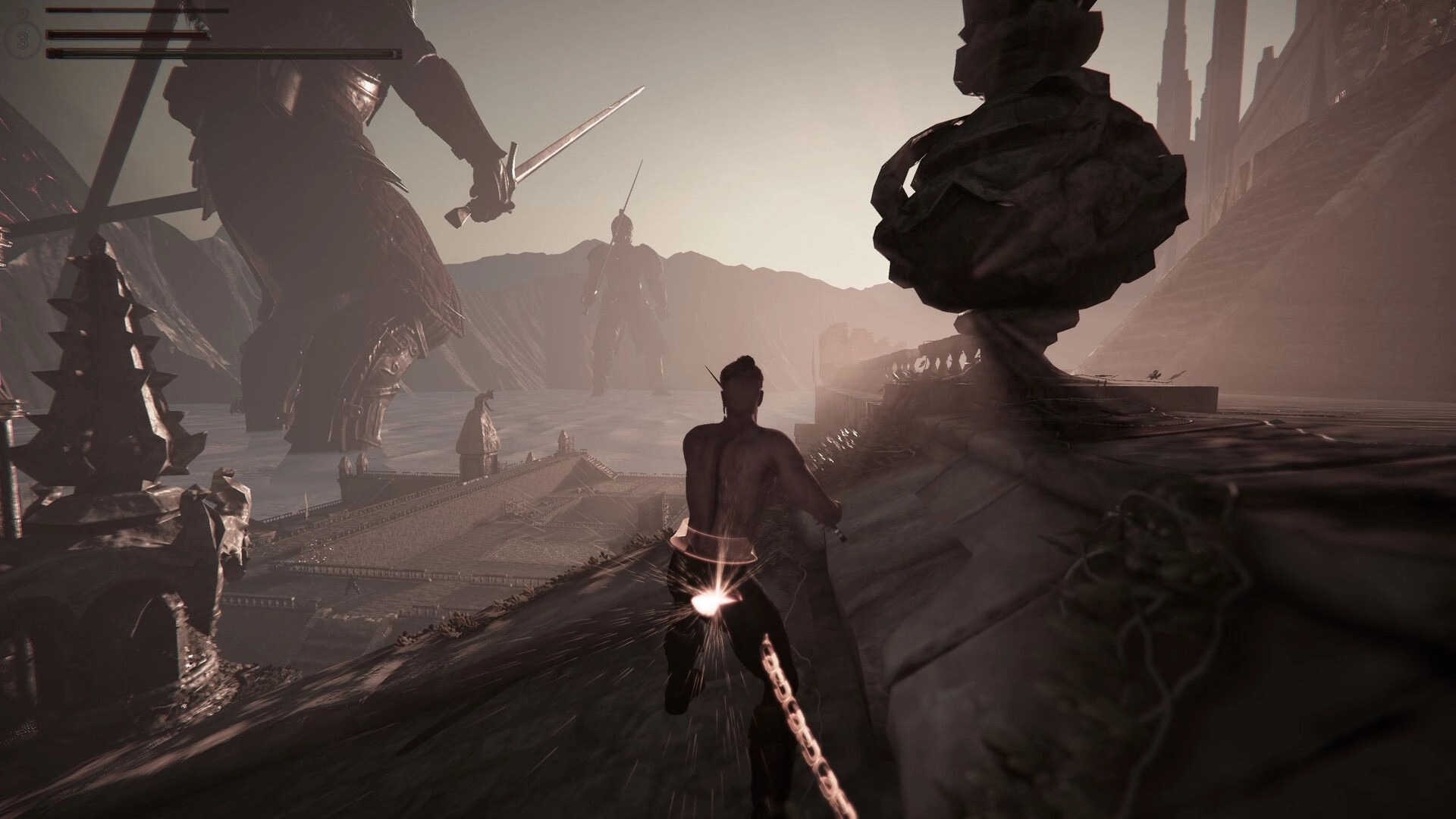 Soul Chained: Player on cliffside with glowing chain, facing towering armored giants in a misty valley.