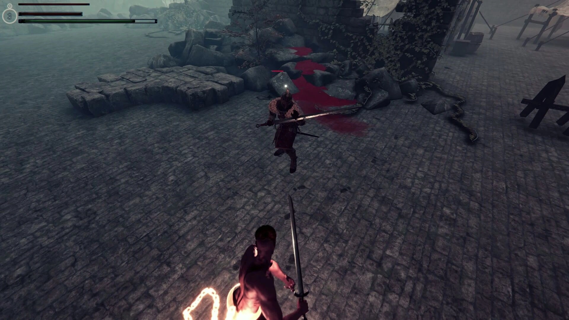 Soul Chained: Player engages in sword combat with an armored enemy on a stone-paved courtyard.