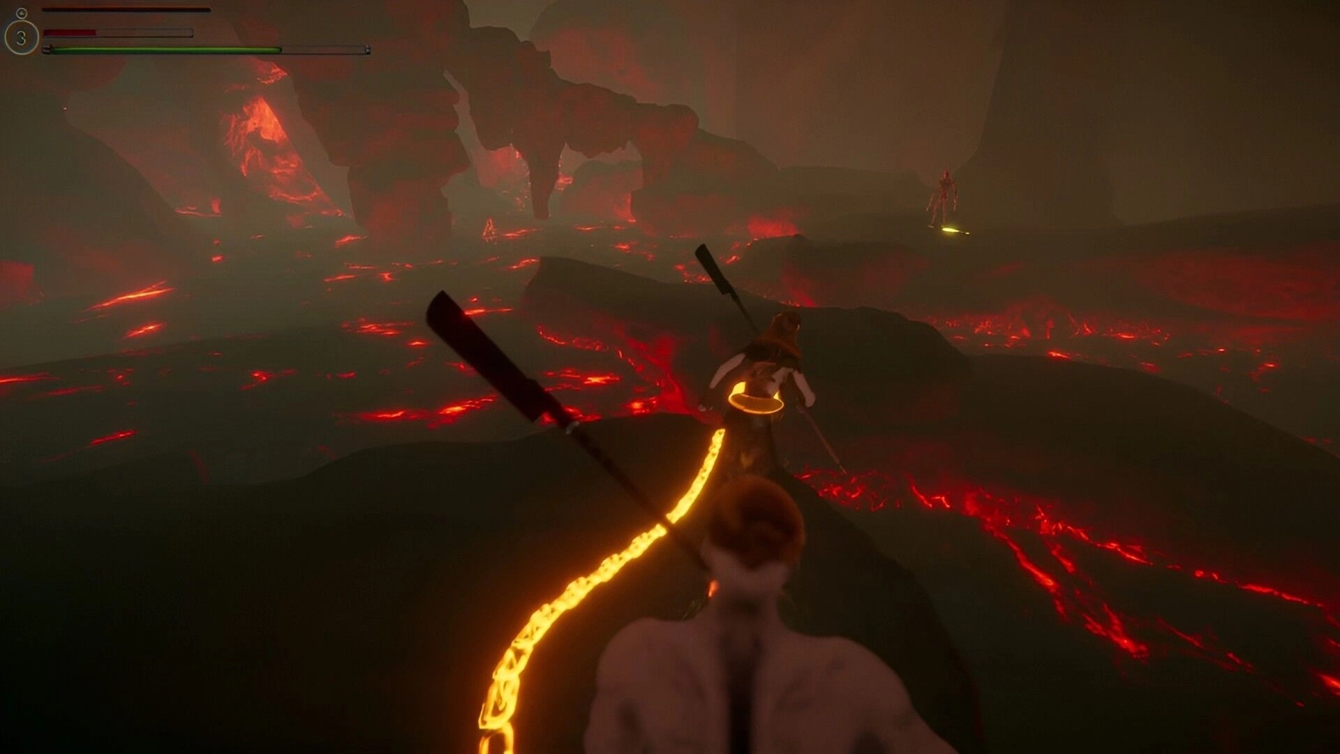 Soul Chained: Players navigate a lava-filled cavern, linked by a glowing chain, prepared for battle.
