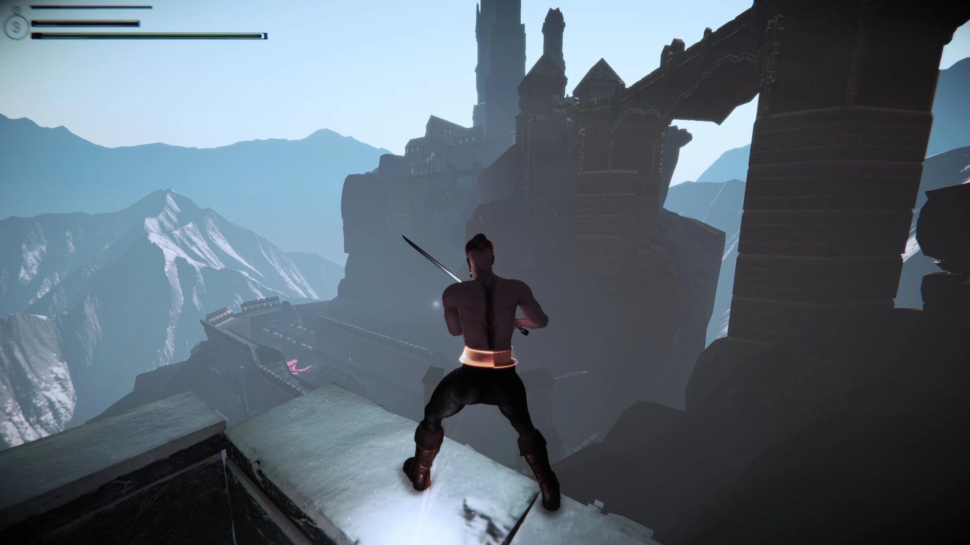Soul Chained: Player character on snowy ledge with sword overlooking vast mountains and dark fortress