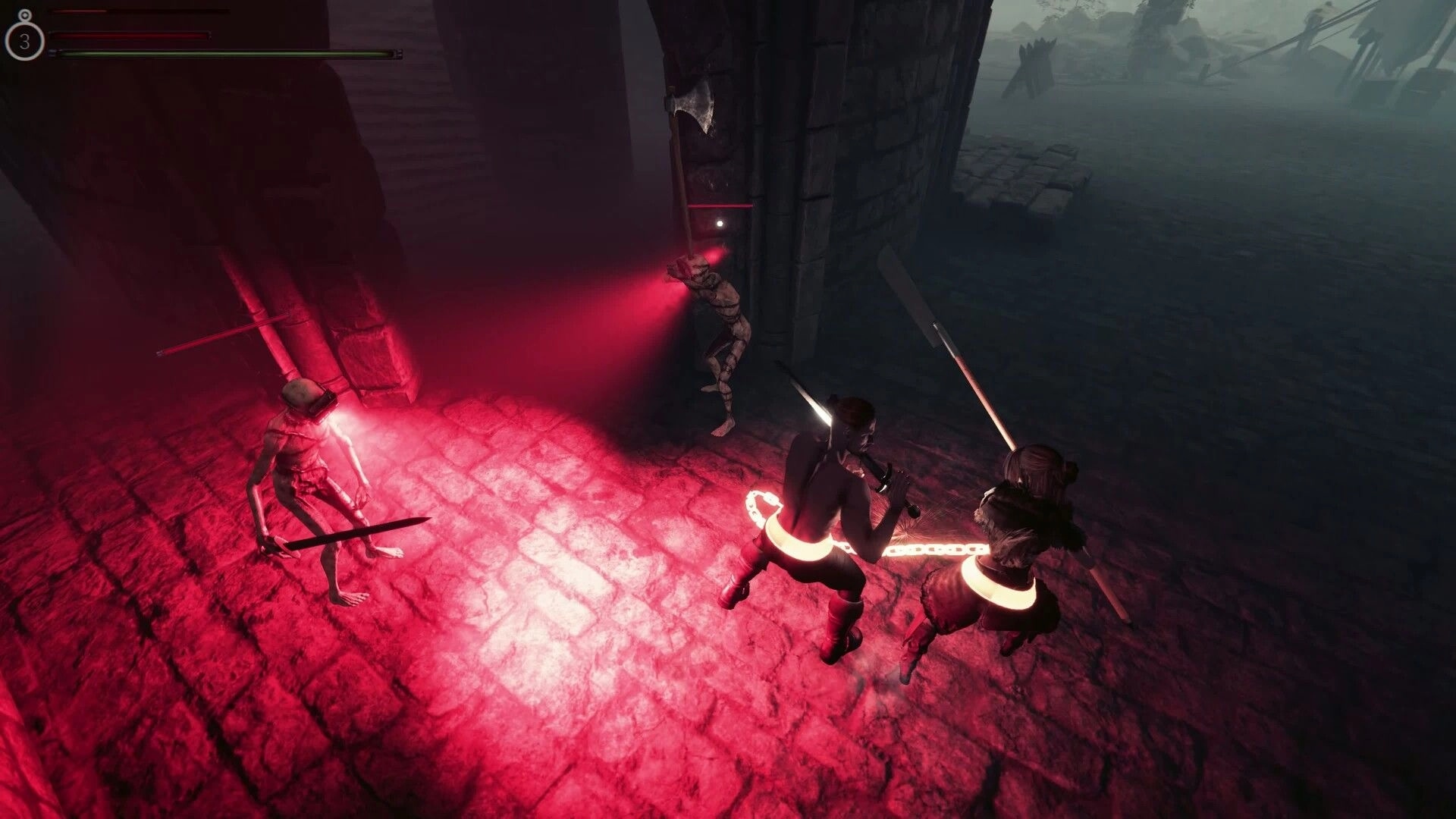 Soul Chained: Duo chained in combat with skeletal foes in dimly lit stone corridor