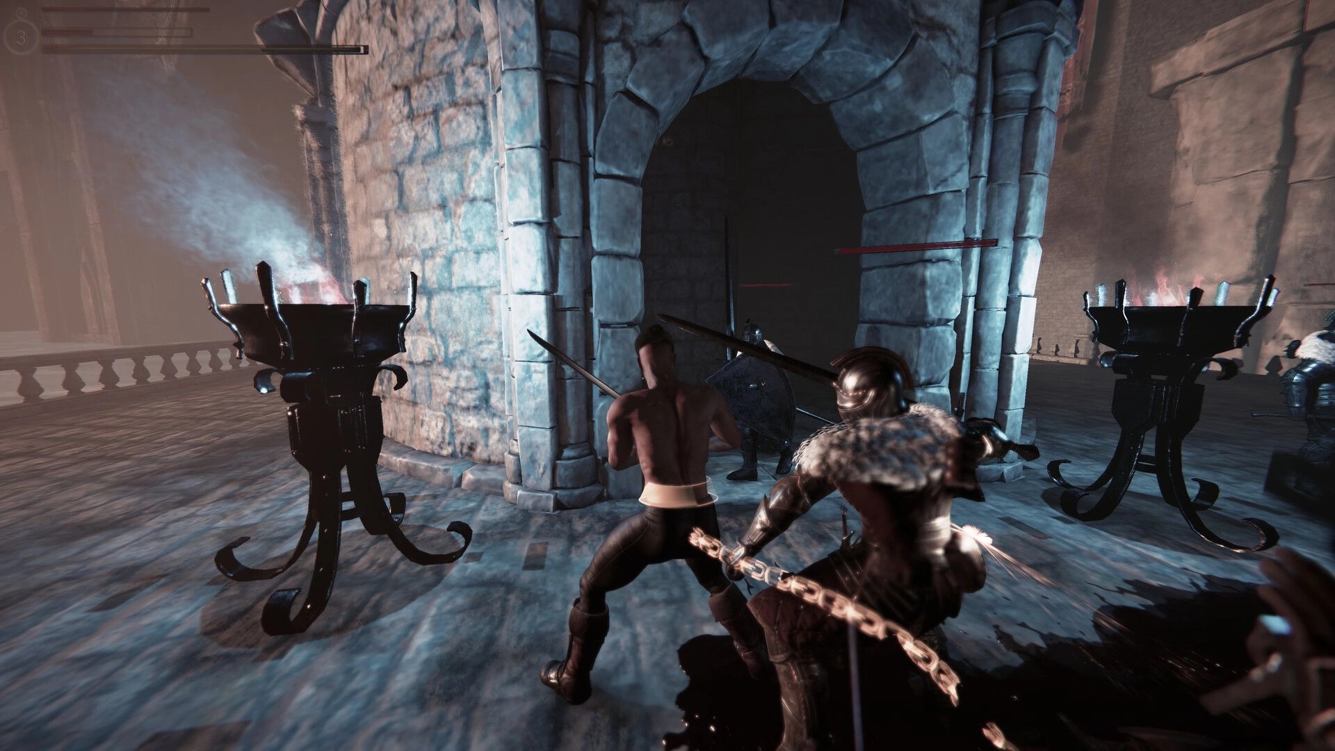 Soul Chained: Two warriors in combat stance near stone archway, facing an armored enemy in dim light