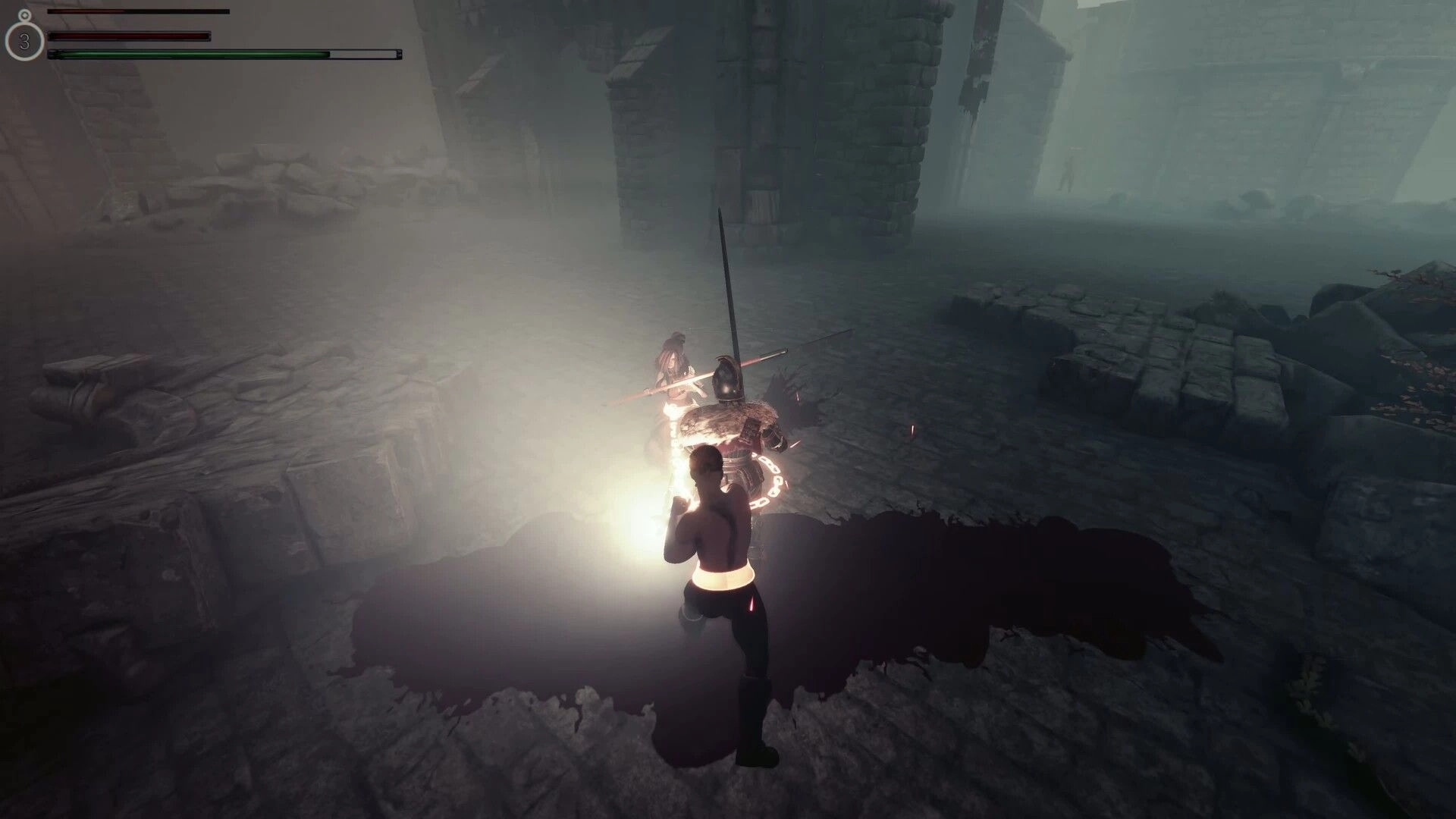 Soul Chained: Two players engage in combat against an armored enemy in a foggy, ruinous courtyard.