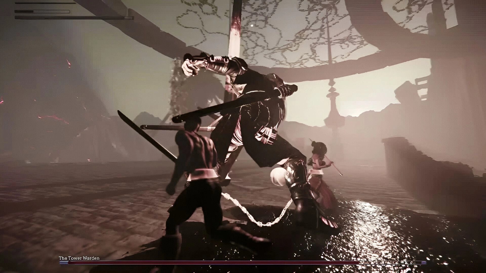 Soul Chained: Co-op battle against The Tower Warden in a dimly lit arena with chained partners
