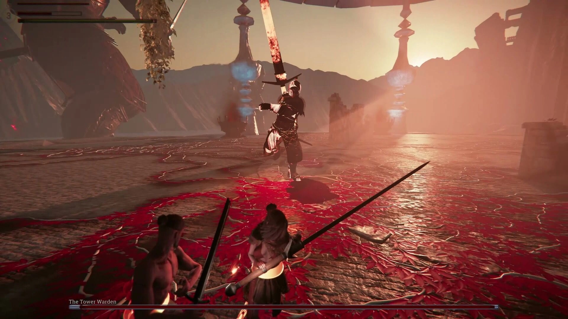 Soul Chained: Players face The Tower Warden in a sunlit arena with red leaves covering the ground