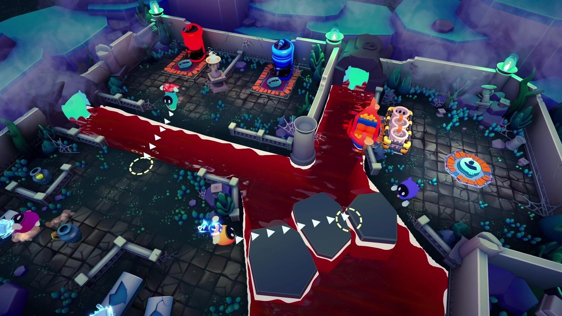 Soul Launder Inc.: Co-op ghosts cross a blood river toward red and blue machines in a walled graveyard lab.