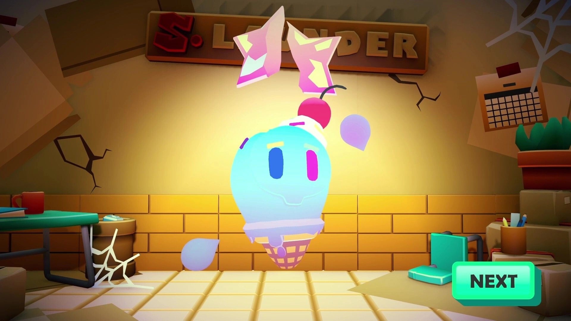 Soul Launder Inc.: Floating soul character in lobby screen with Launder sign and large NEXT button UI.