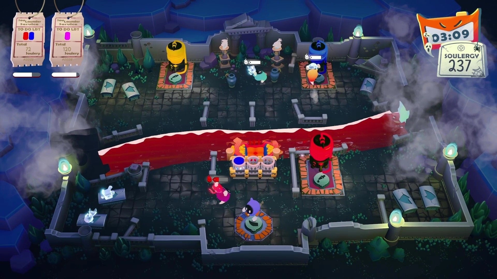 Soul Launder Inc.: Players haul ghosts between colored soul vats in a foggy graveyard maze UI timer 3:09.