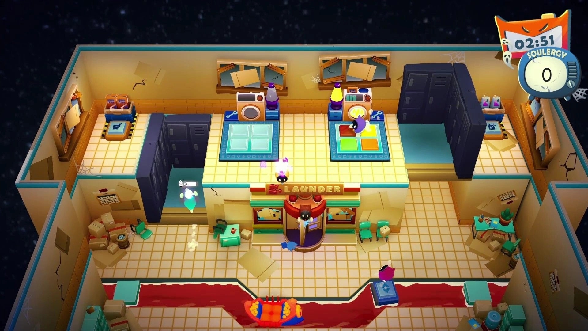 Soul Launder Inc.: Ghost workers run laundry machines in cramped office, timer and soul energy UI top right.