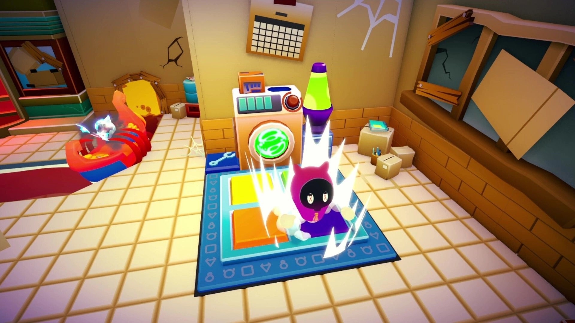 Soul Launder Inc.: Purple worker zapped beside washer and lava lamp in cramped office room with boxes.