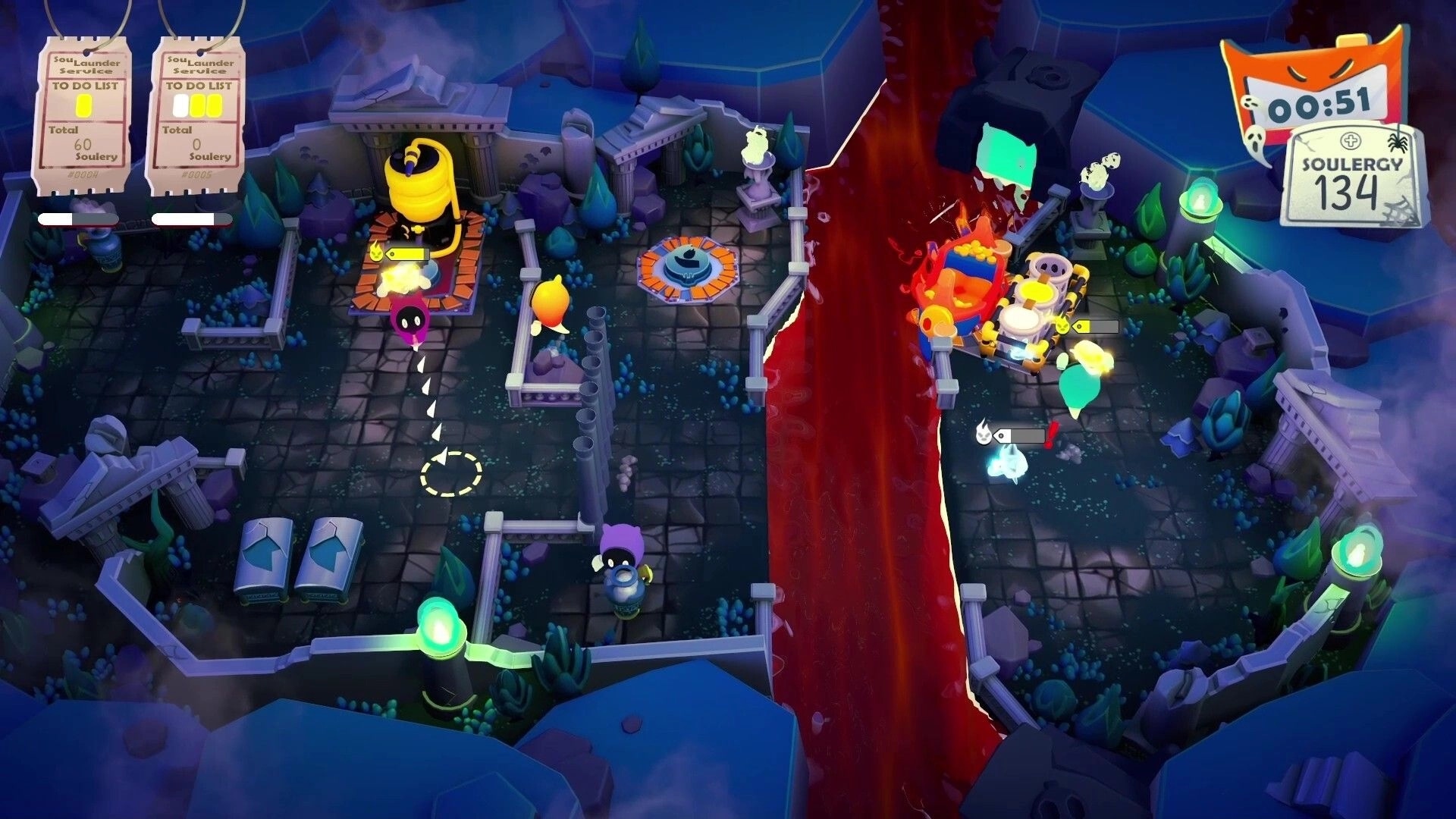 Soul Launder Inc.: Players haul souls between machines in split graveyard map, timer and Soulergy UI shown.