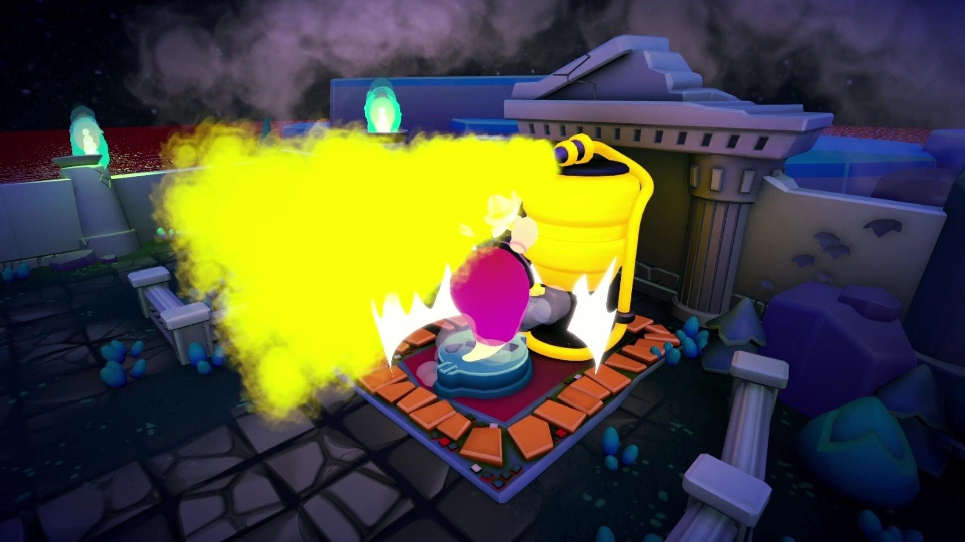 Soul Launder Inc.: Player sprays yellow gas at a vat machine on a rooftop platform in dark ruins.