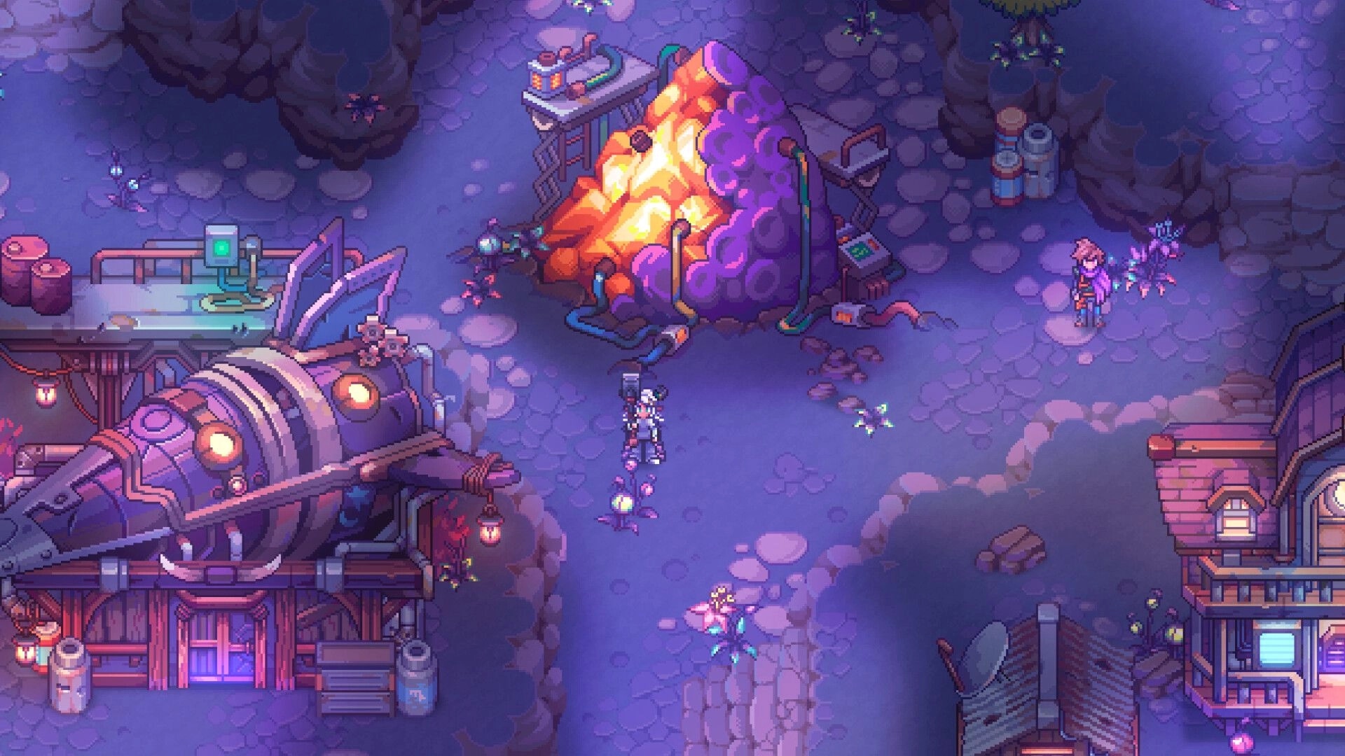 Soulbound: Player character near a burning purple mound and machinery in a neon-lit village at night.