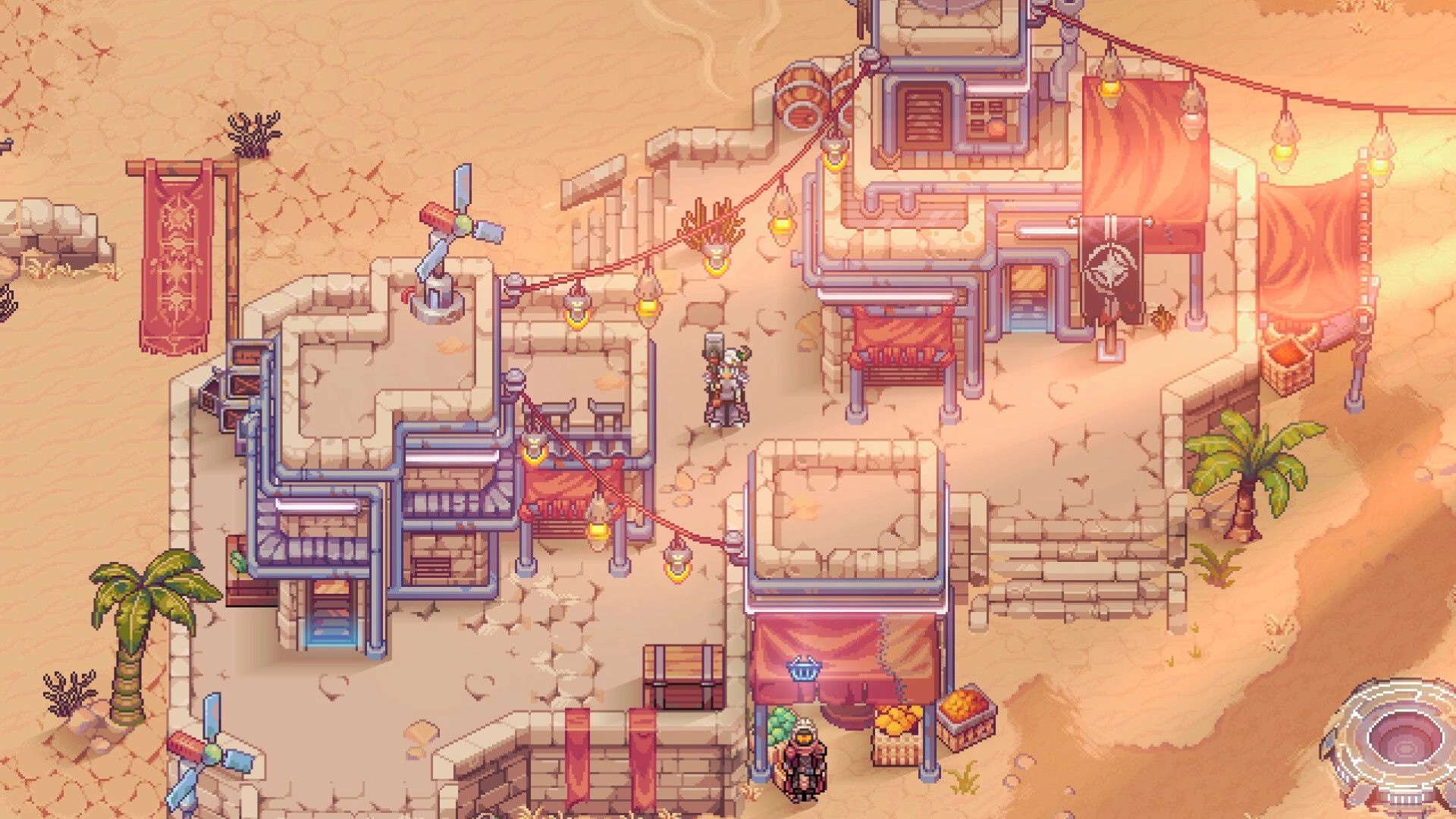 Soulbound: Player character stands in desert market hub with tents, lantern strings, and stone walls.