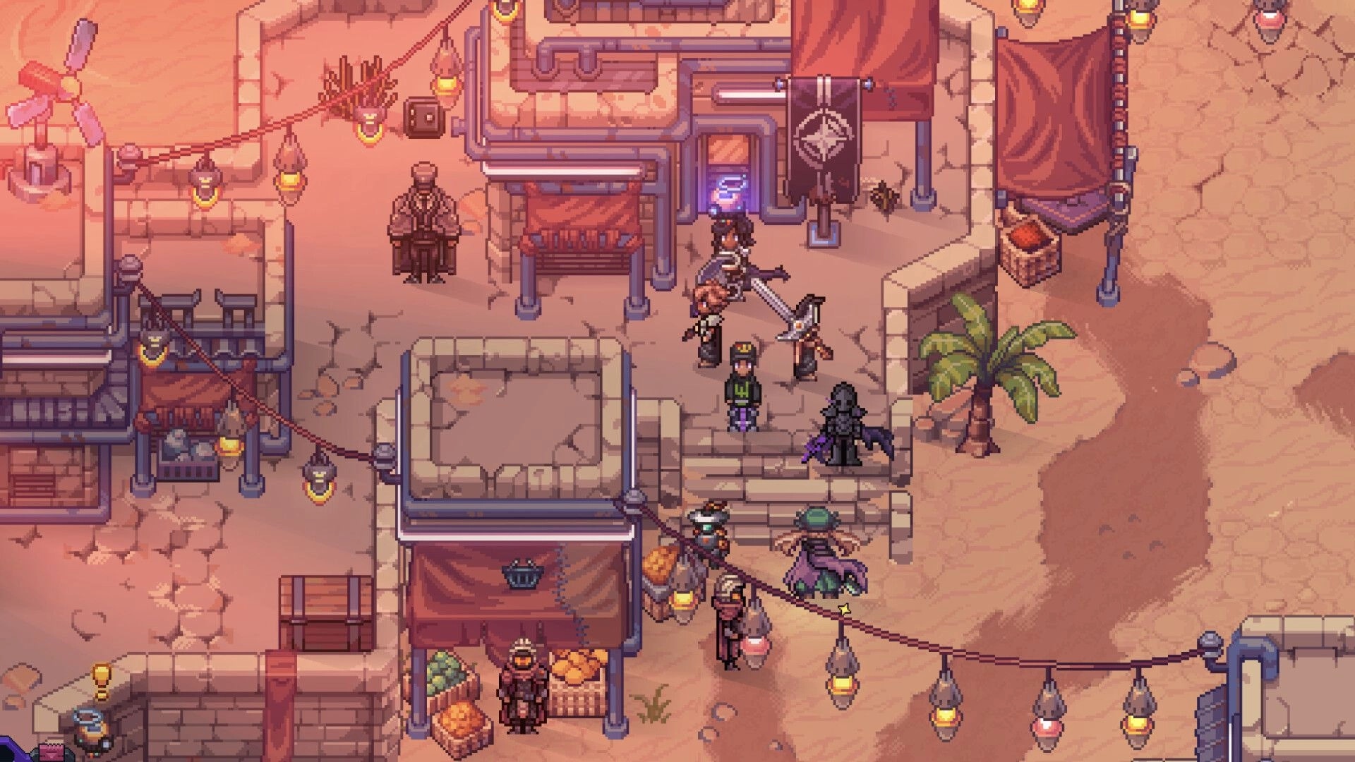 Soulbound: Player characters gather by a doorway in a desert market town with tents and lanterns.