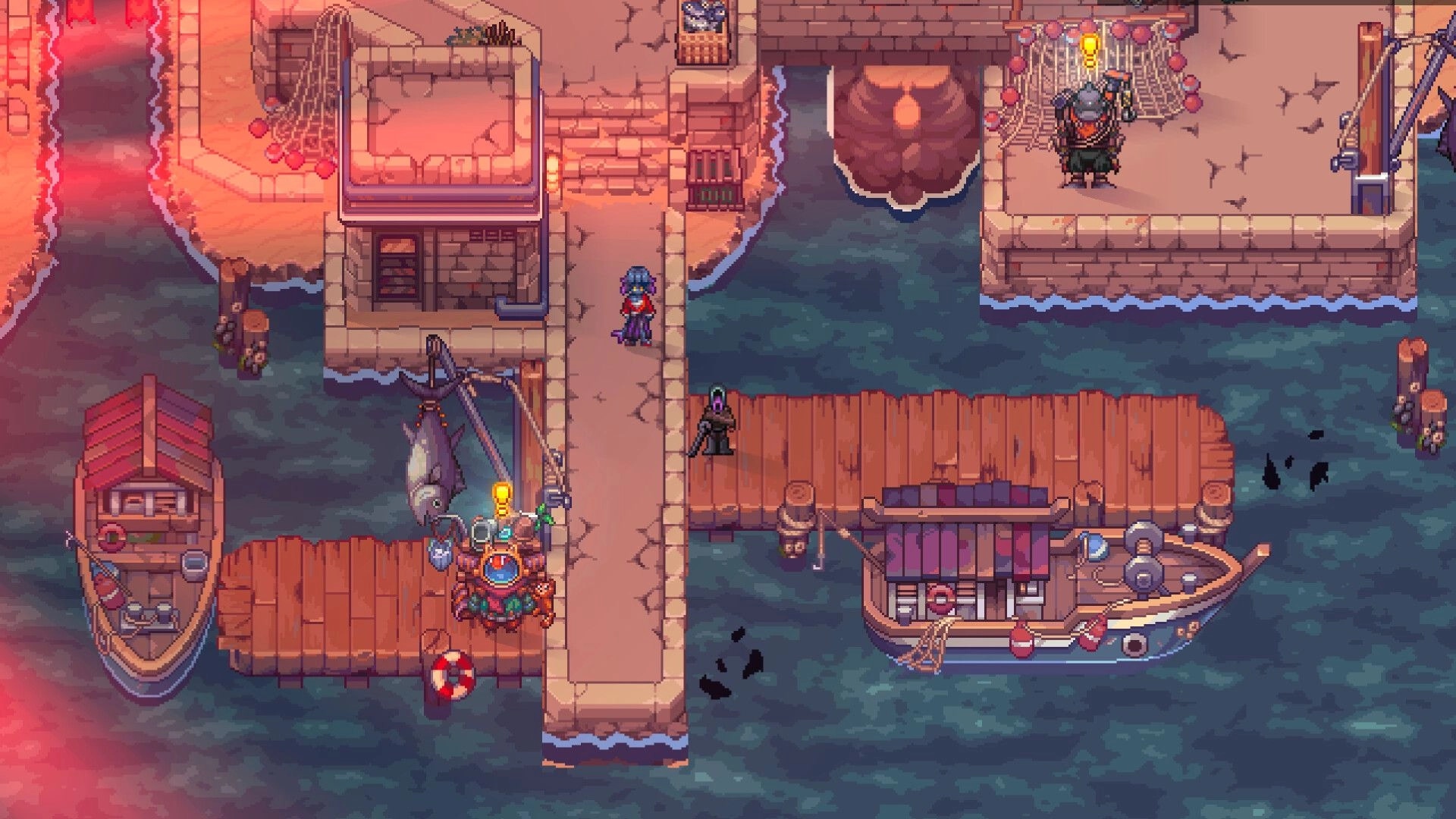 Soulbound: Player stands on a harbor walkway by docks, boats, and a crane with a hanging fish.